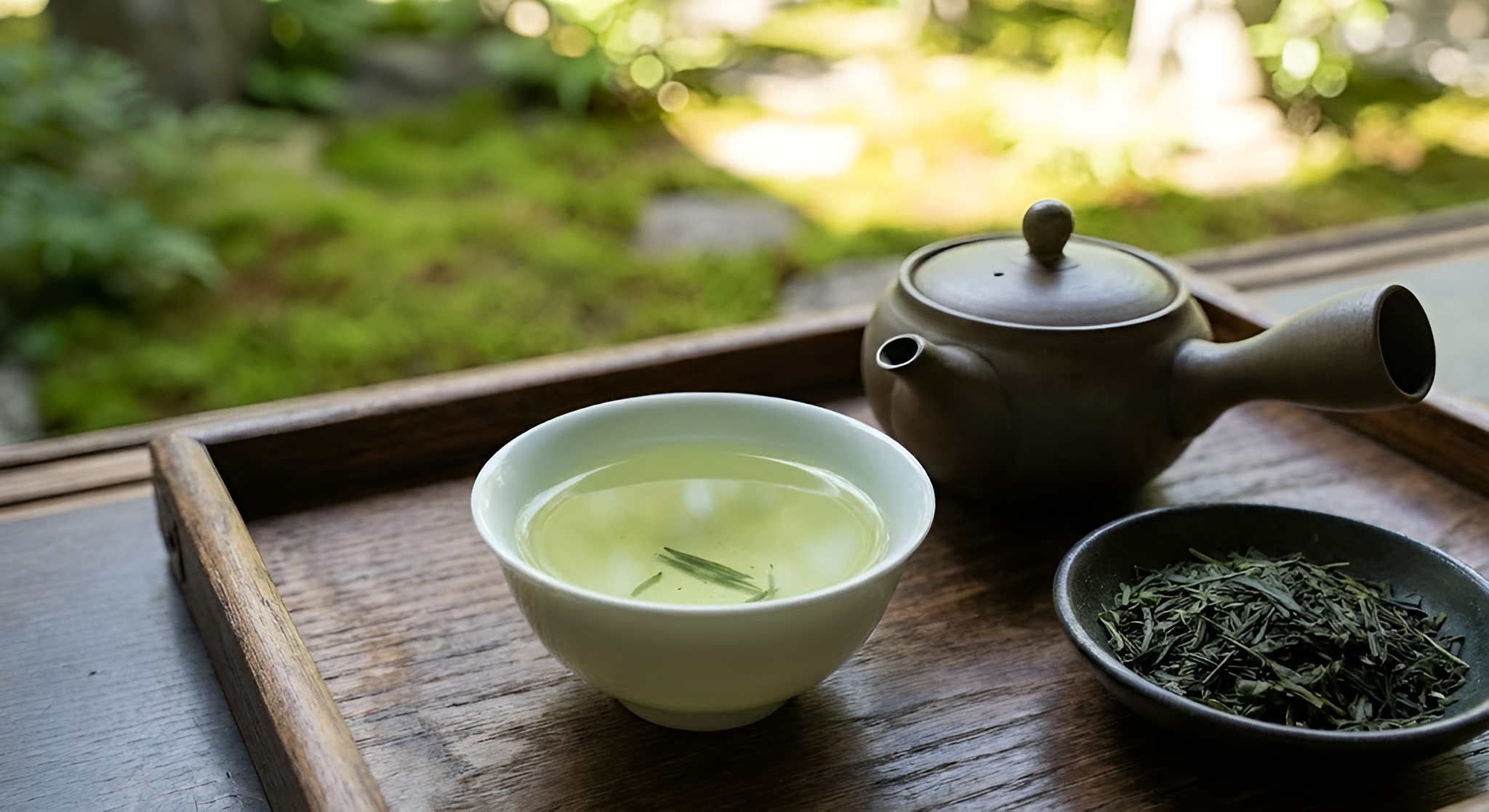 A tiny cup of vibrant neon green Gyokuro tea next to dark, needle-like dry leaves.
