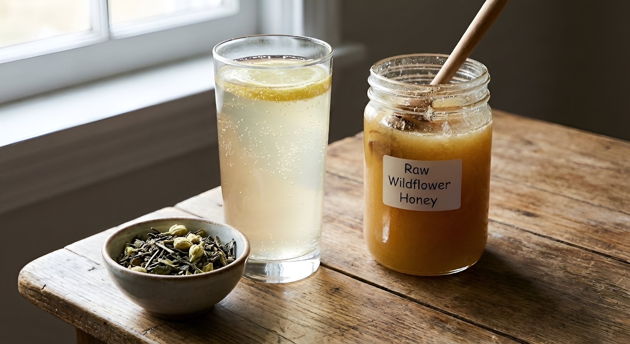 A glass of pale, fizzy Jun tea next to a jar of raw honey and green tea leaves.