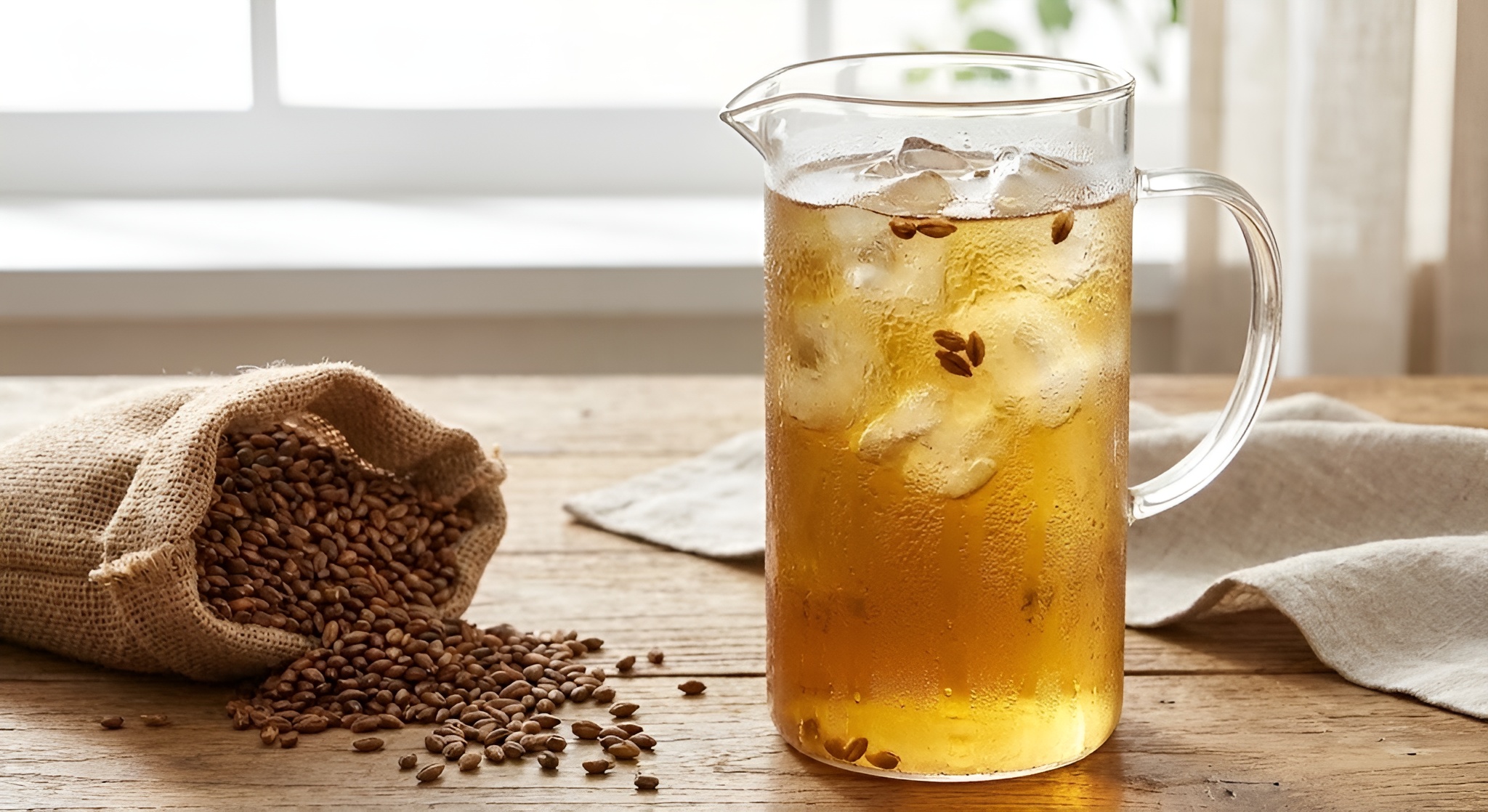 A glass pitcher of iced barley tea with condensation on it, next to loose barley grains.