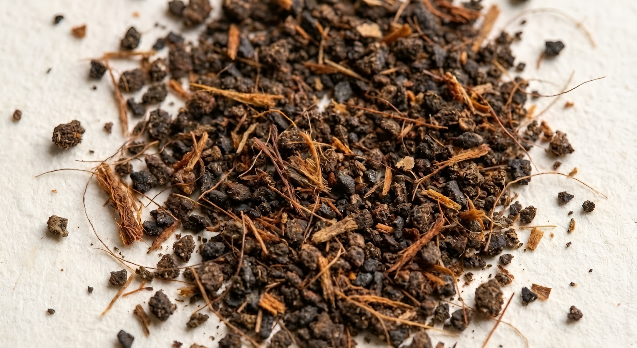 a close up of fibre in tea with a torn tea bag next to the tea.