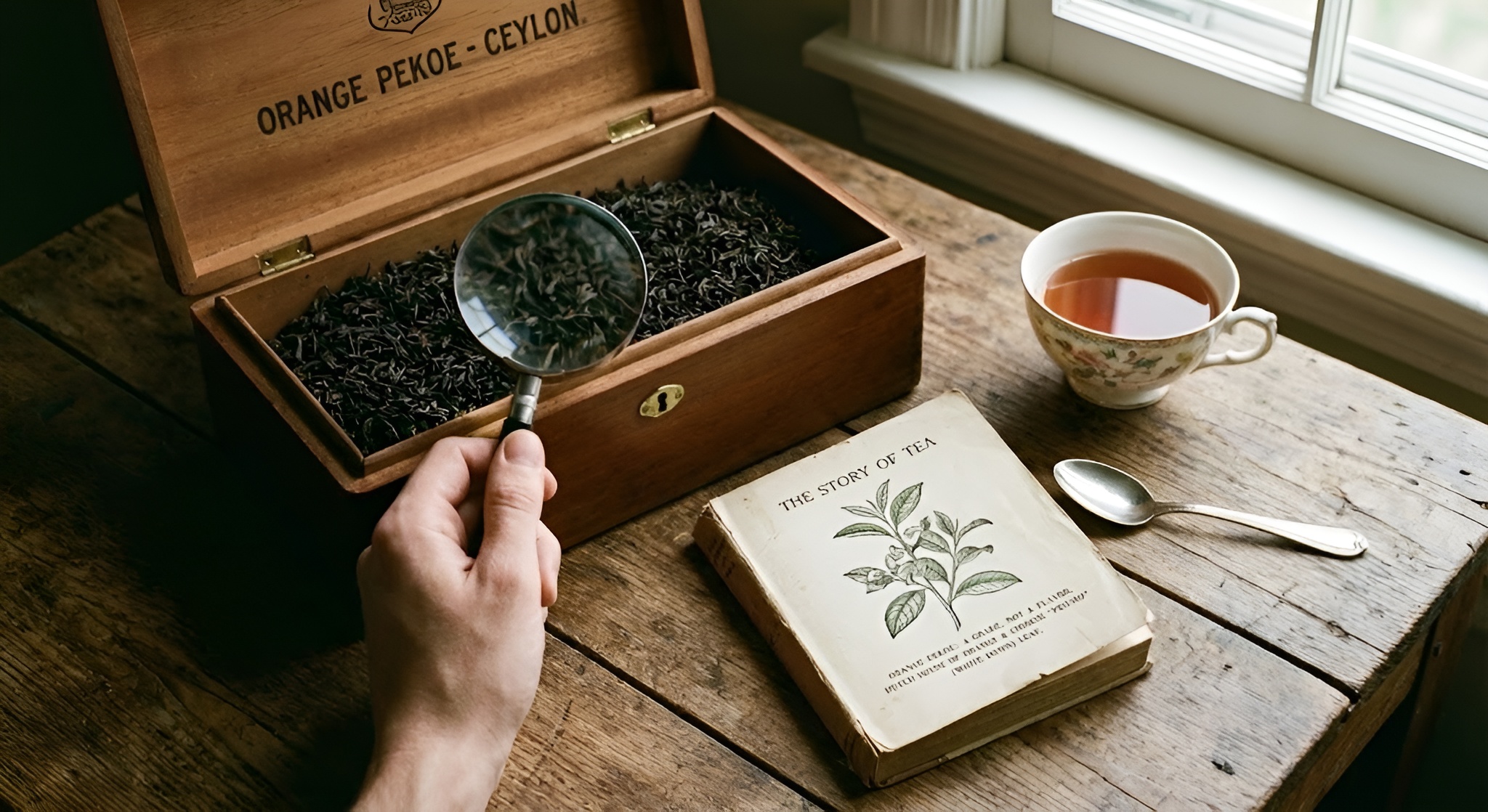 Close up of large whole leaf black tea classified as Orange Pekoe.