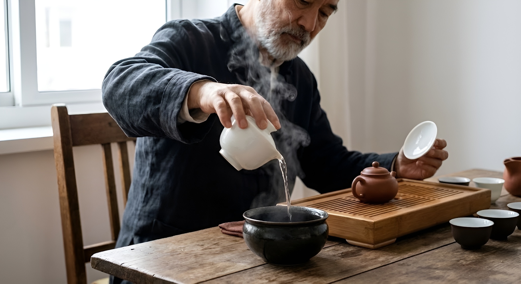 A tea master pouring the first rinse of hot water out of a gaiwan into a waste bowl.