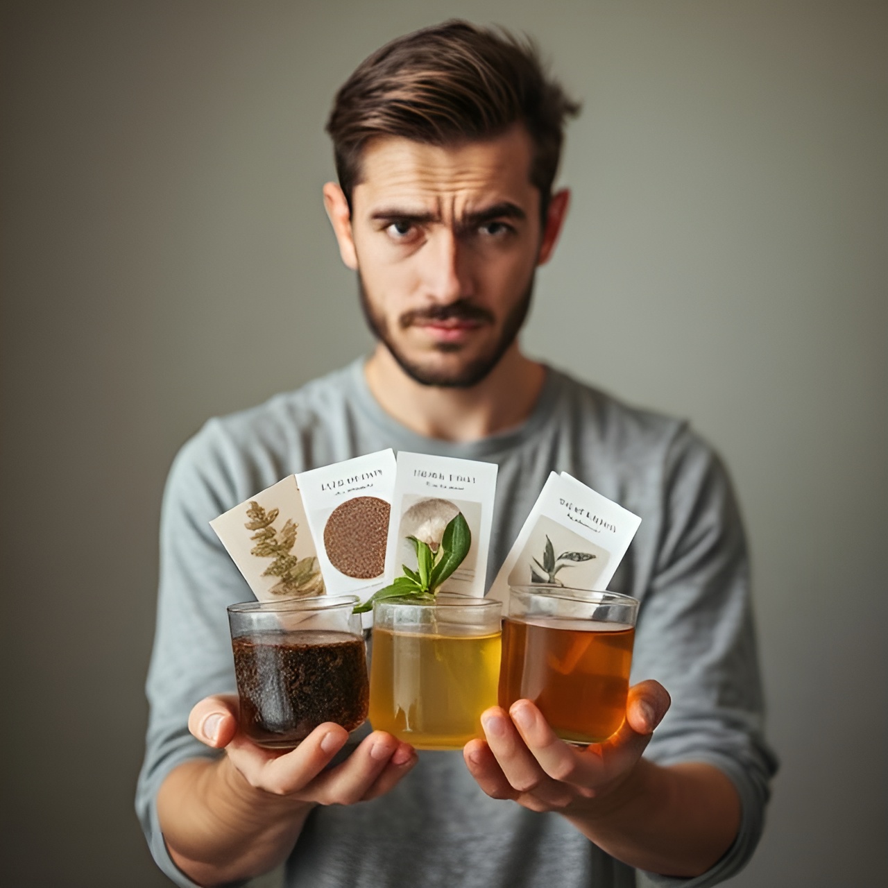 a person looking confused with a variety of teas in their hand unsure of which one best reflects them as a person. Searching for their soul matching tea.
