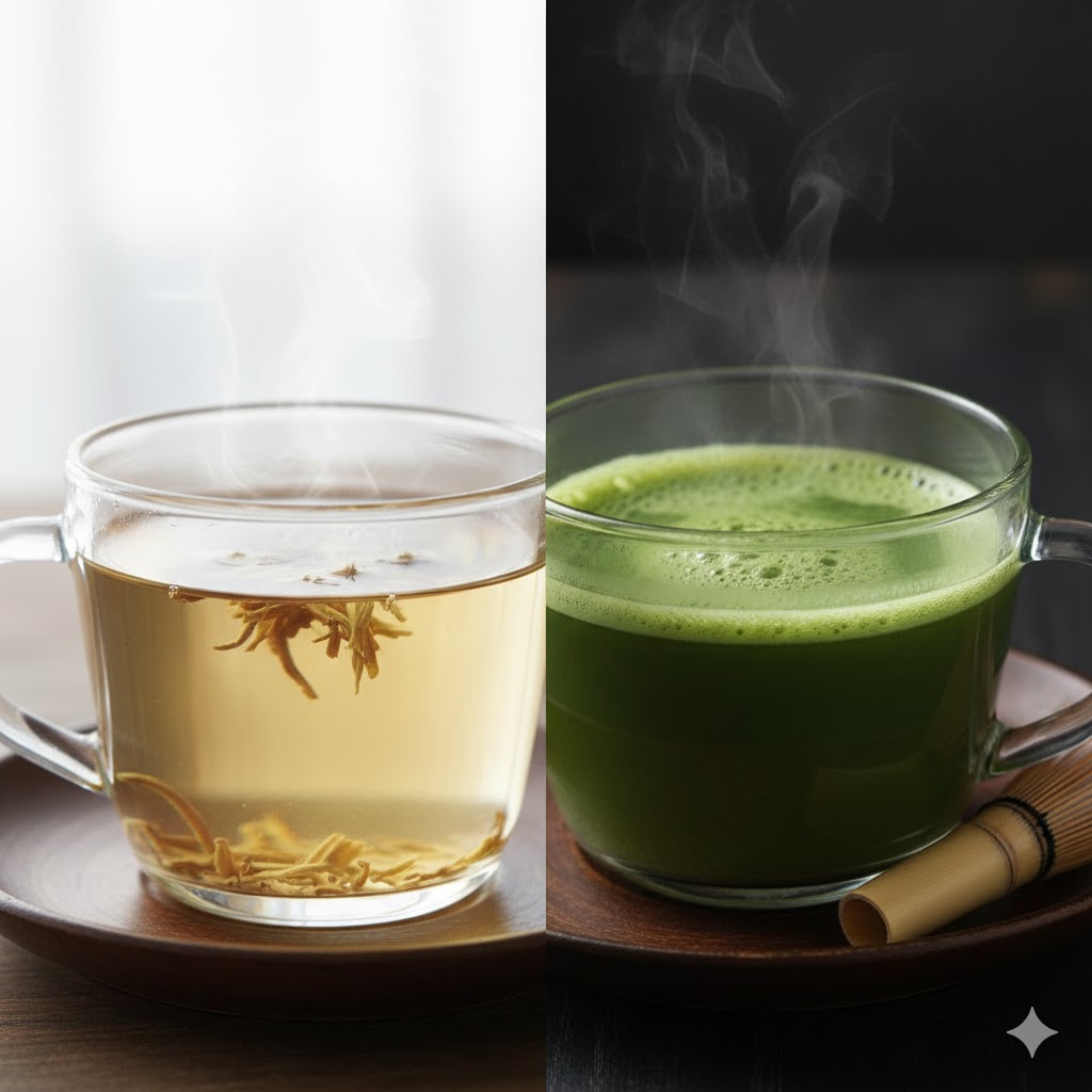 final made product of loose leaf white tea and green tea side by side in a splitscreen effect.