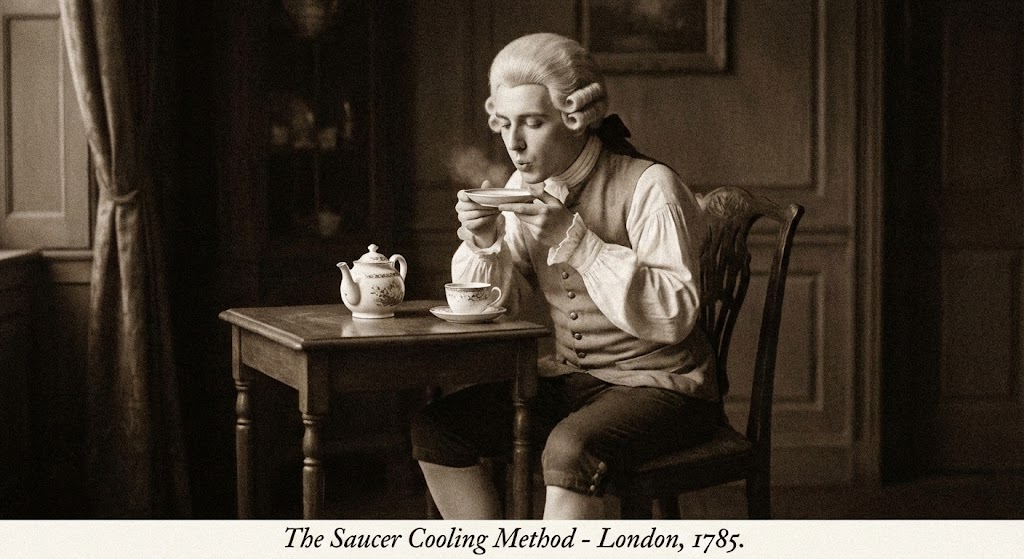 historical image of person drinking tea from saucer 18th century cooling method