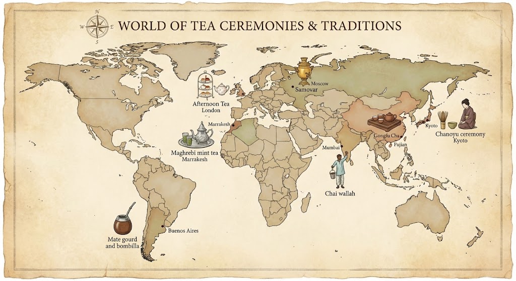 world map with tea ceremonies marked by location and cultural tradition icons