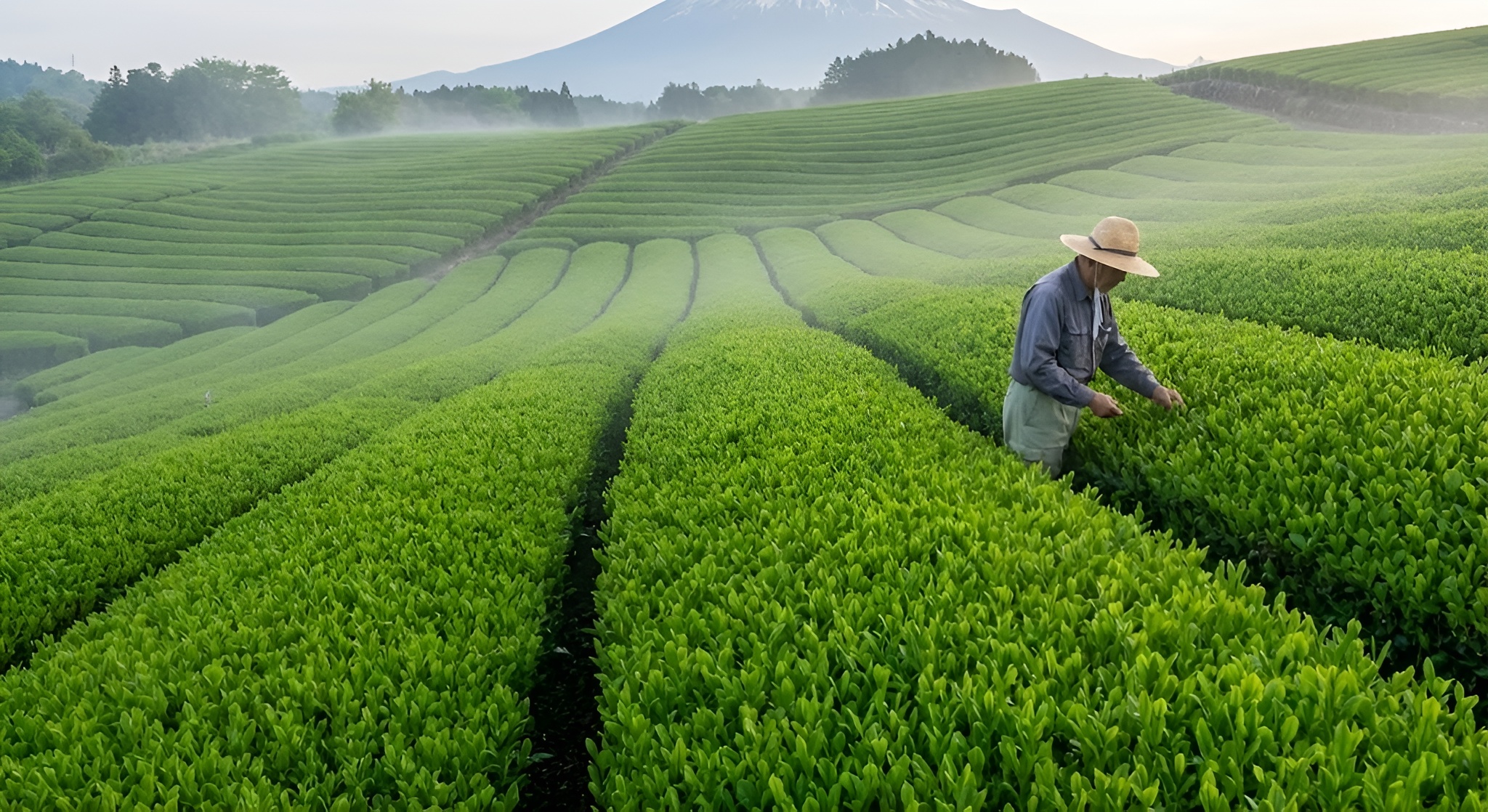 A lush green Japanese tea field showcasing rows of the Yabukita cultivar.