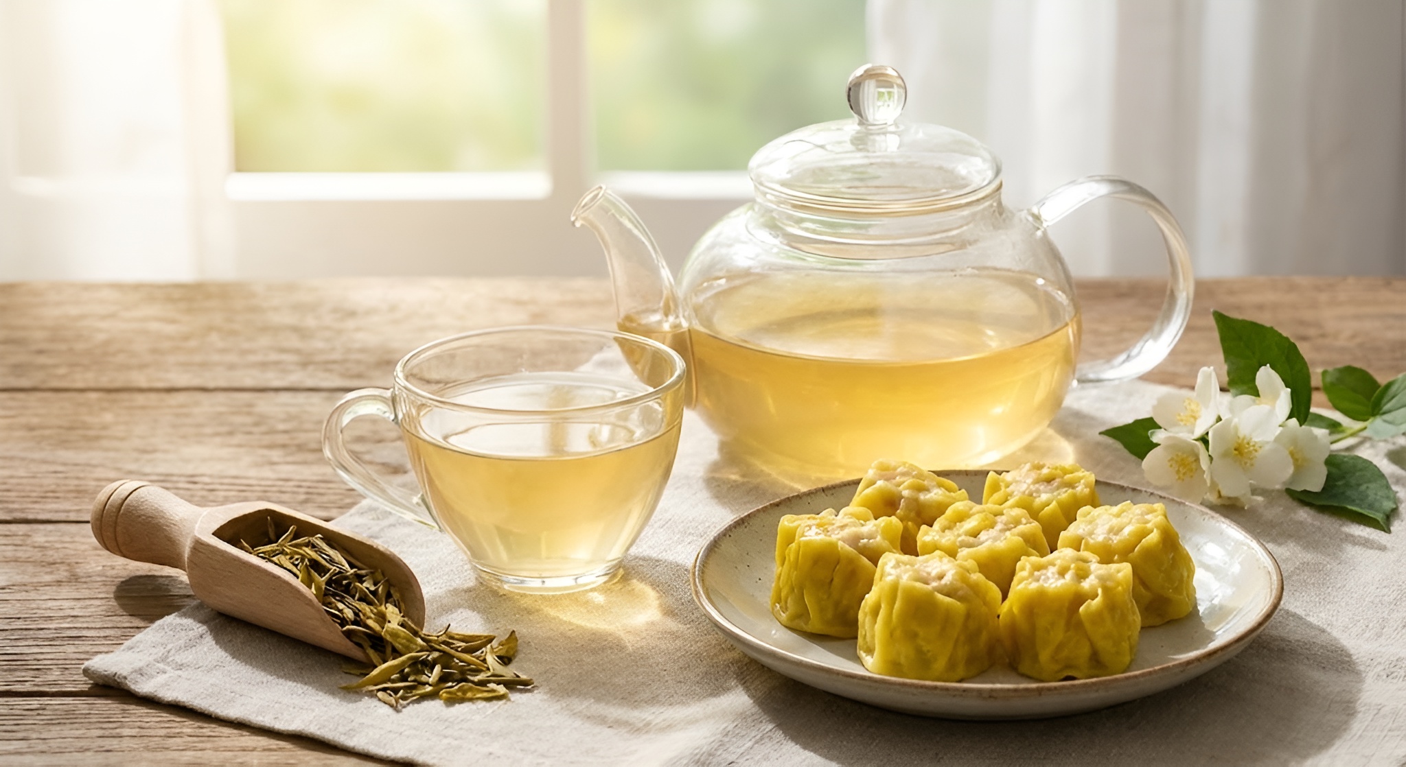 Glass cups of Jun Shan Yin Zhen yellow tea showing vertical standing needles.