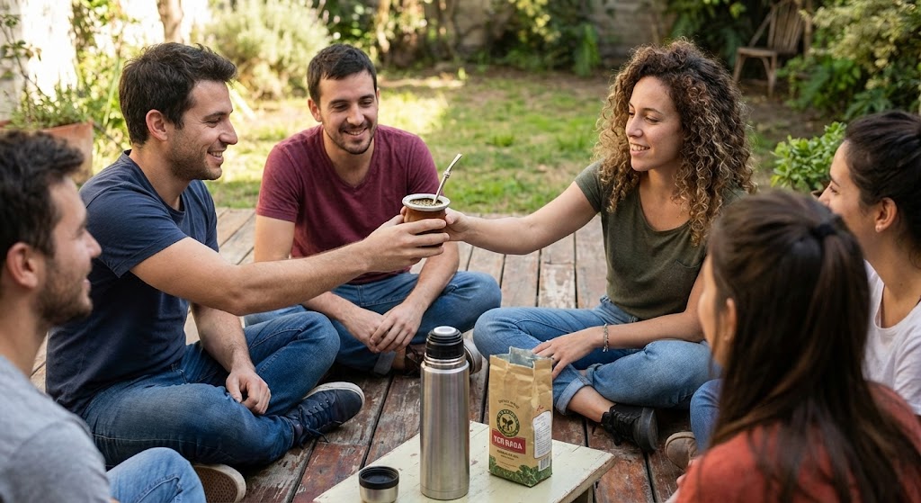 Argentine mate gourd with bombilla straw being passed in social circle ritual