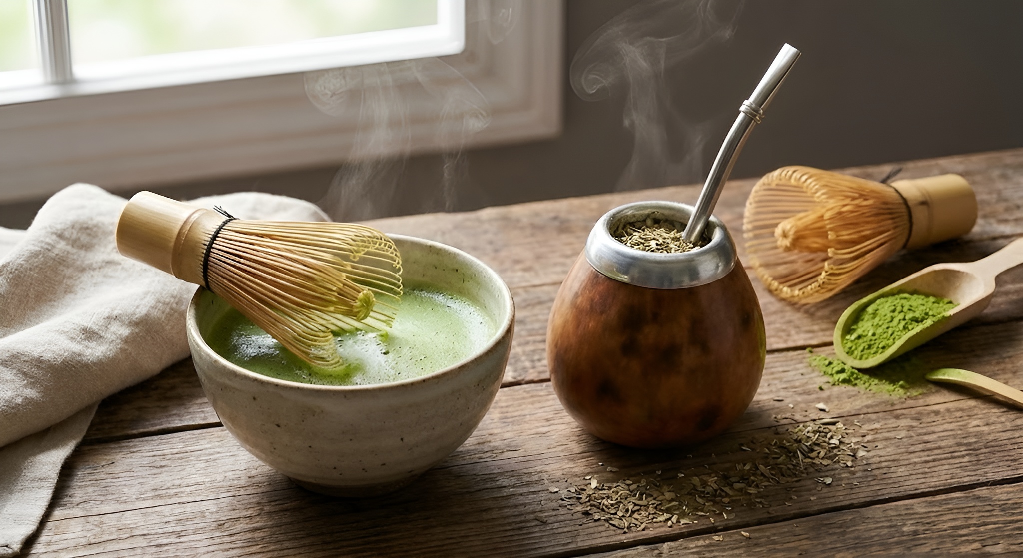 A bowl of foamy green Matcha next to a traditional Yerba Mate gourd.