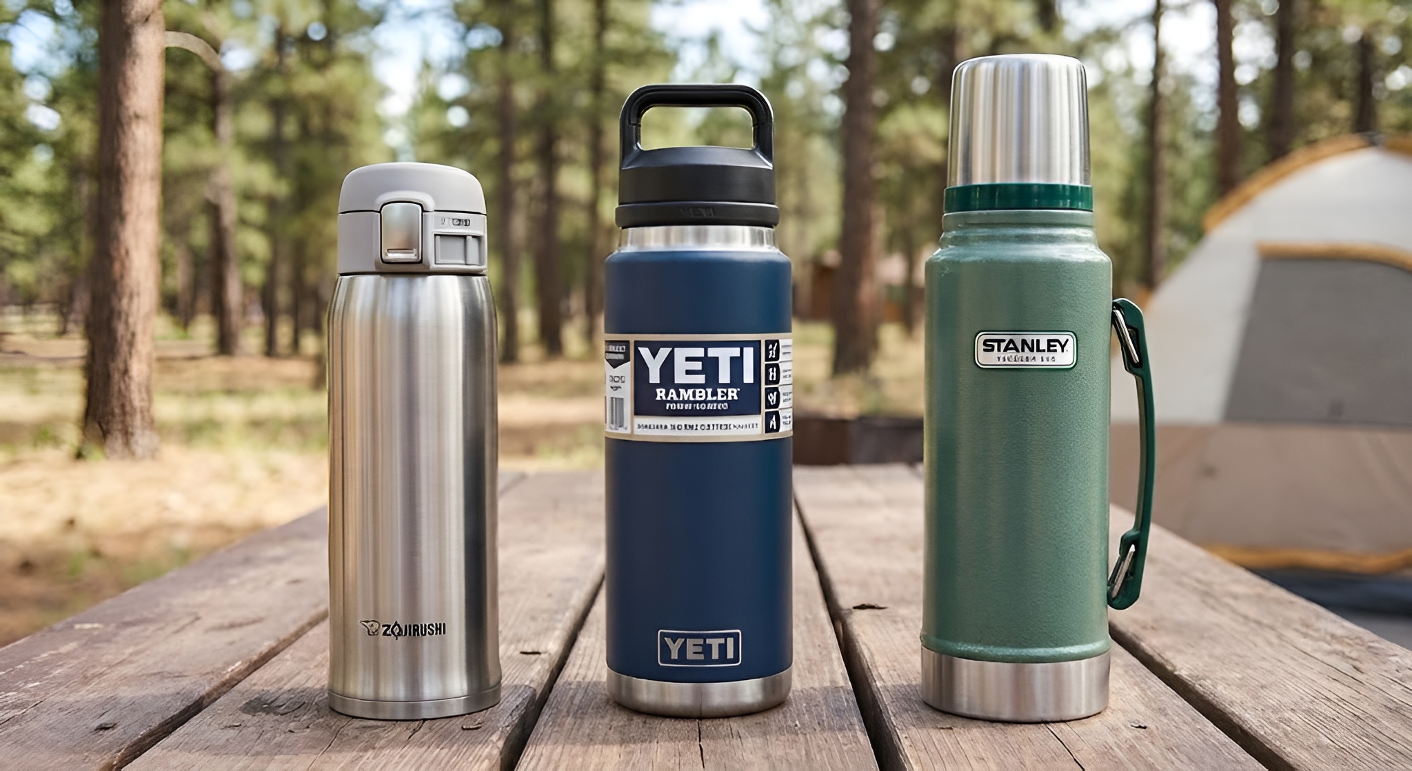 A sleek Zojirushi travel mug standing next to a robust Yeti Rambler on a wooden table.