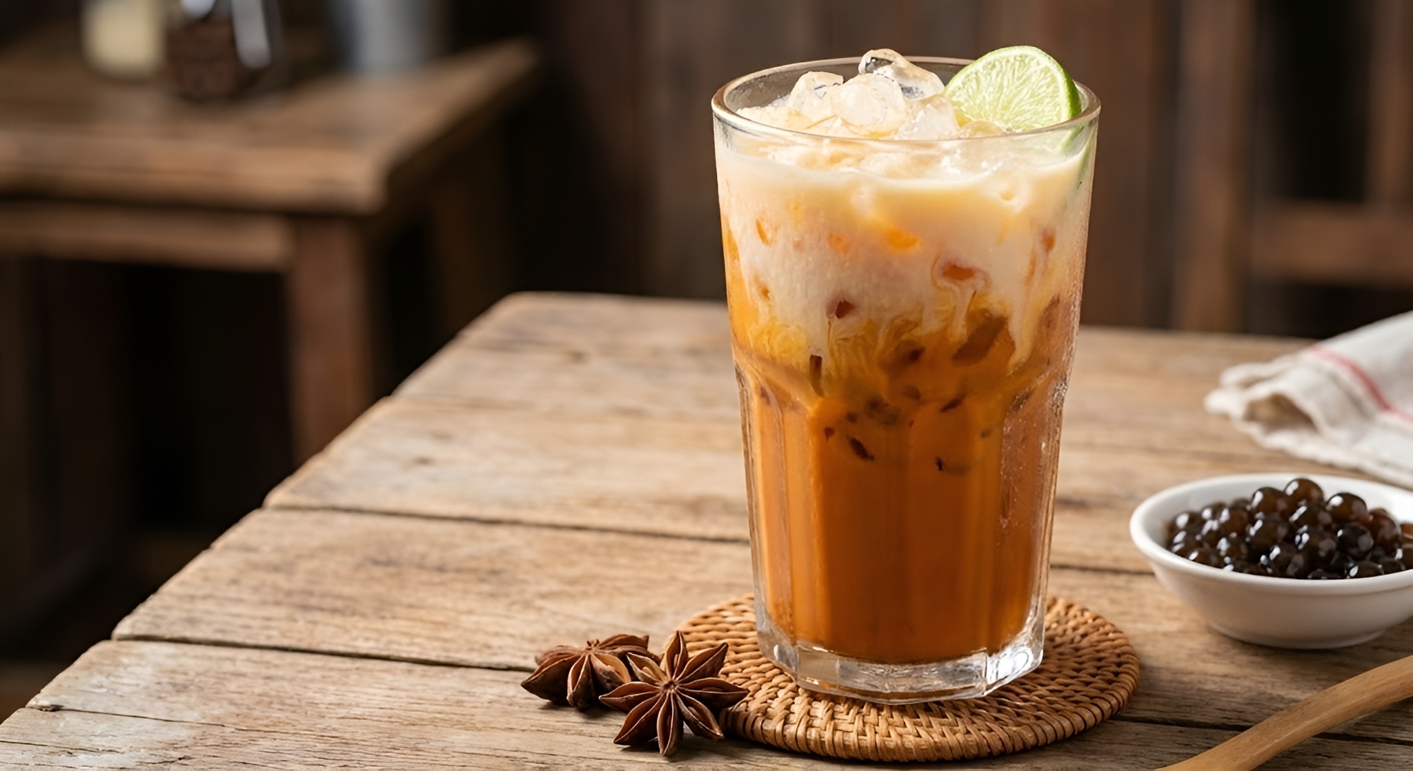A glass of amber Thai tea with a creamy layer of milk swirling on top