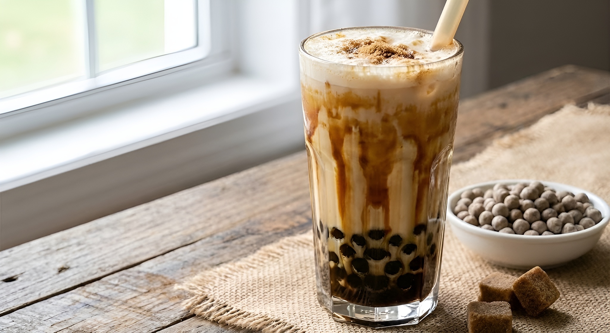 A glass of tiger milk tea with brown sugar stripes