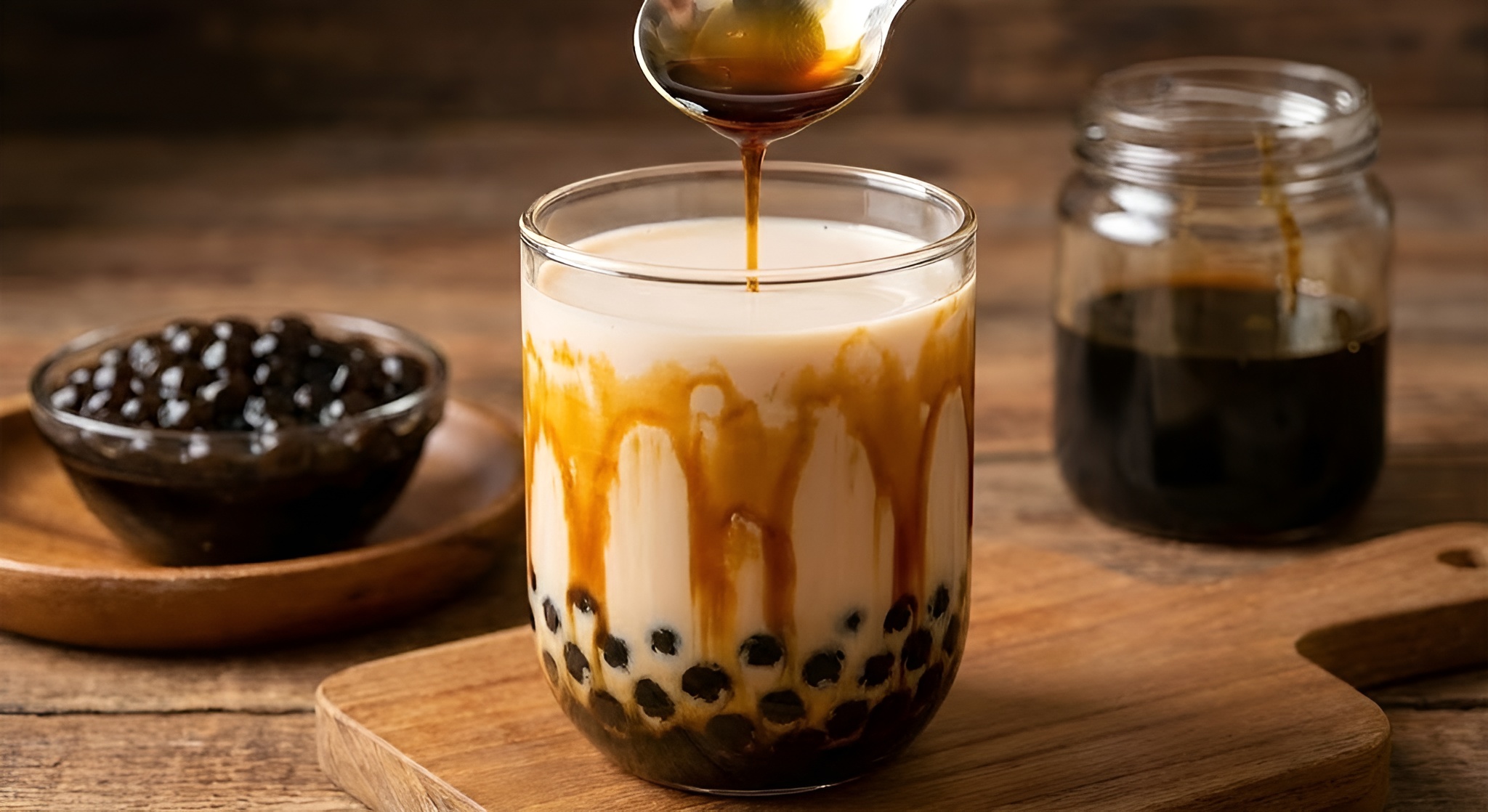 A glass of tiger milk tea with thick brown sugar syrup stripes