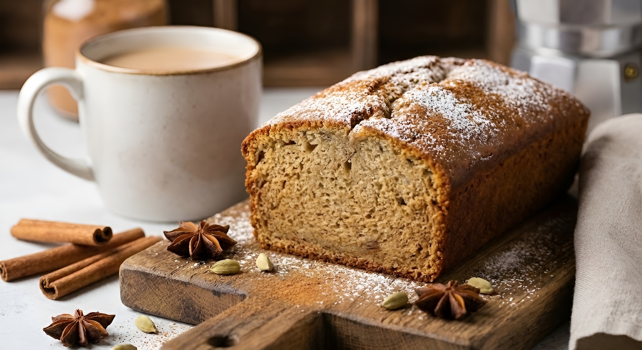 A slice of moist chai spiced banana bread on a plate