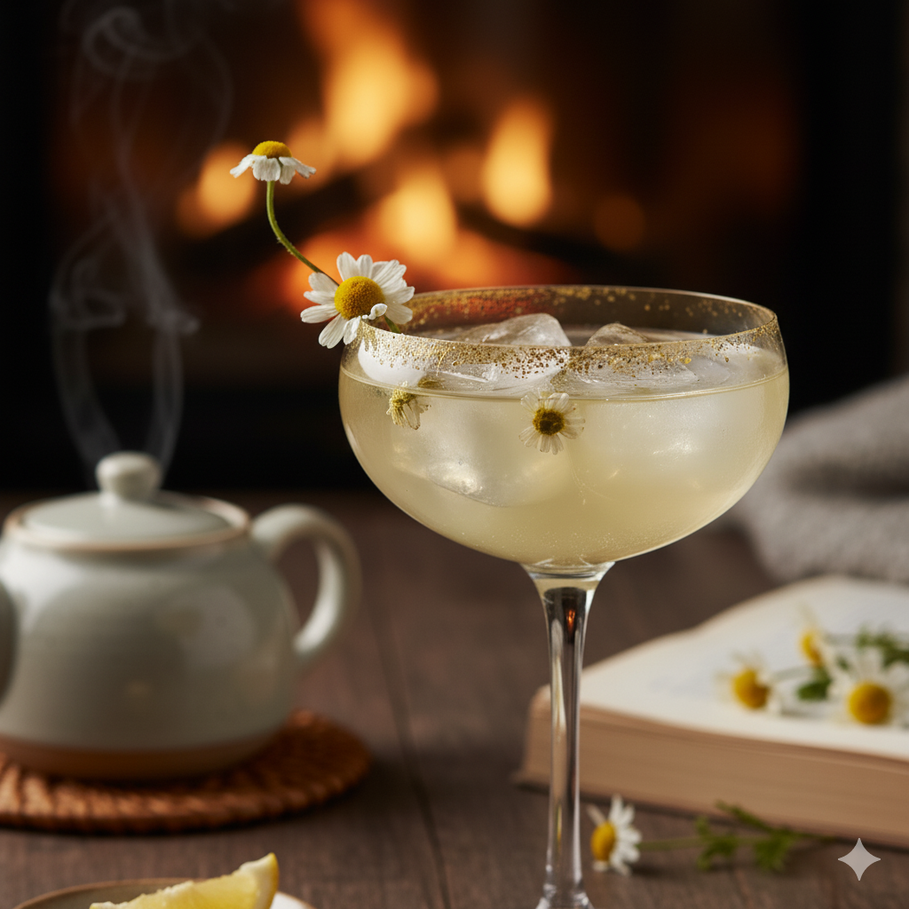A cocktail in a coupe glass with a flower garnish