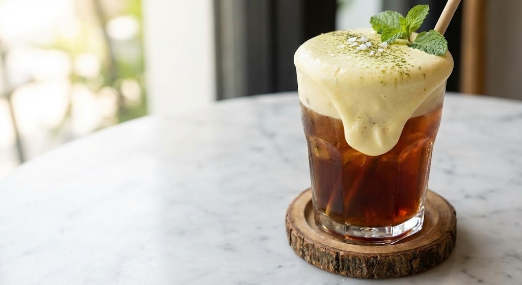 A glass of tea topped with thick white cheese foam.