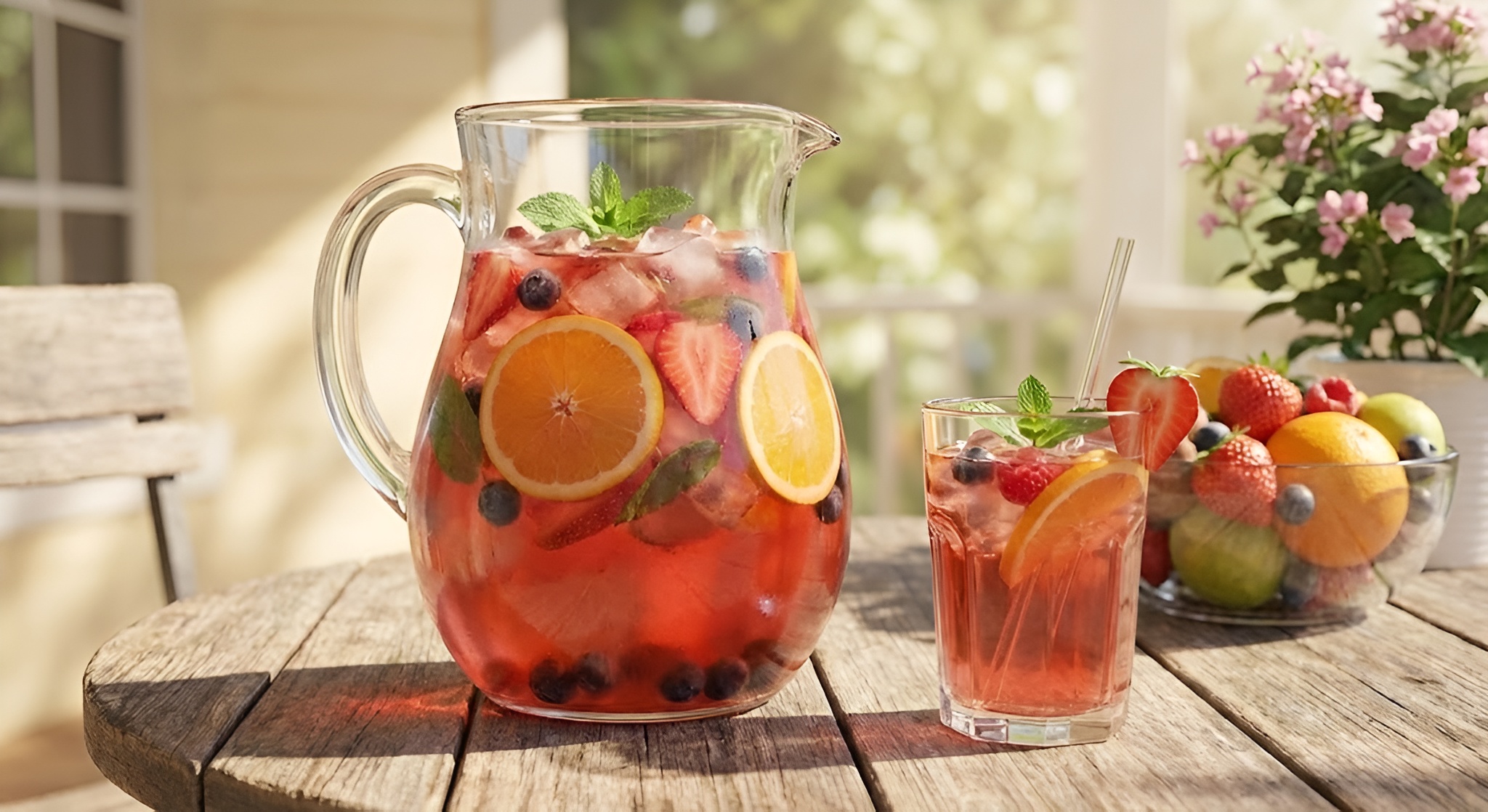 A glass pitcher filled with cold brew tea, strawberries, and mint leaves.