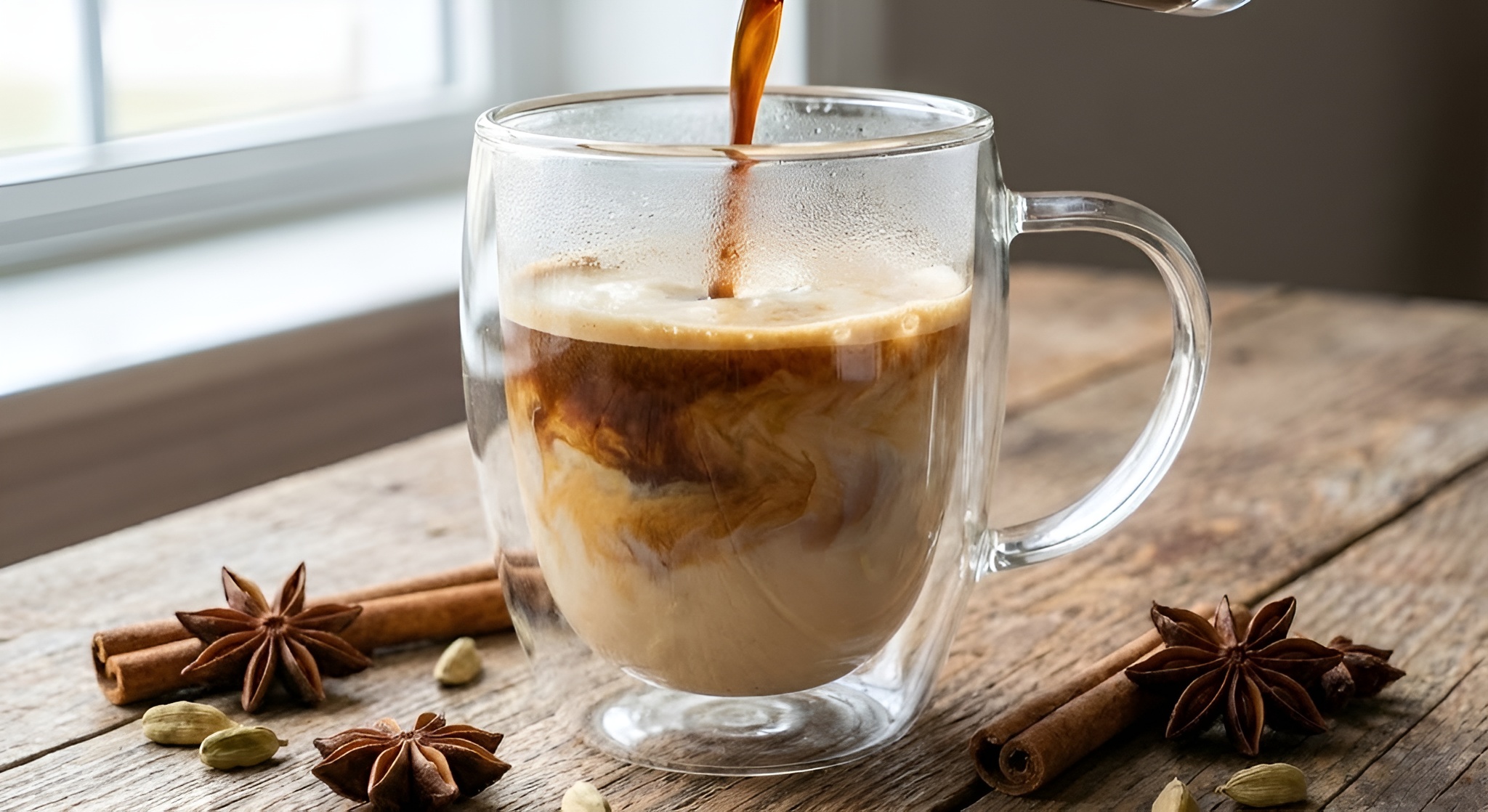 A layered glass mug showing espresso mixing into milky chai tea