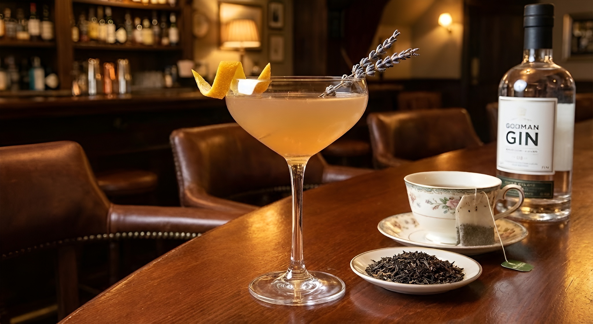 A coupe glass with an Earl Grey Martini and foam