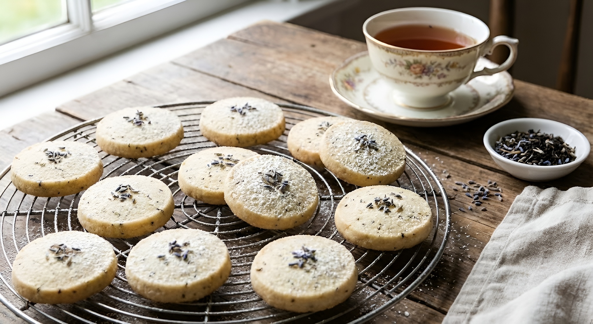Stack of buttery shortbread cookies with Earl Grey speckles