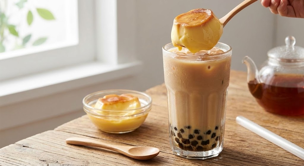 A glass of milk tea with large chunks of yellow egg pudding at the bottom.