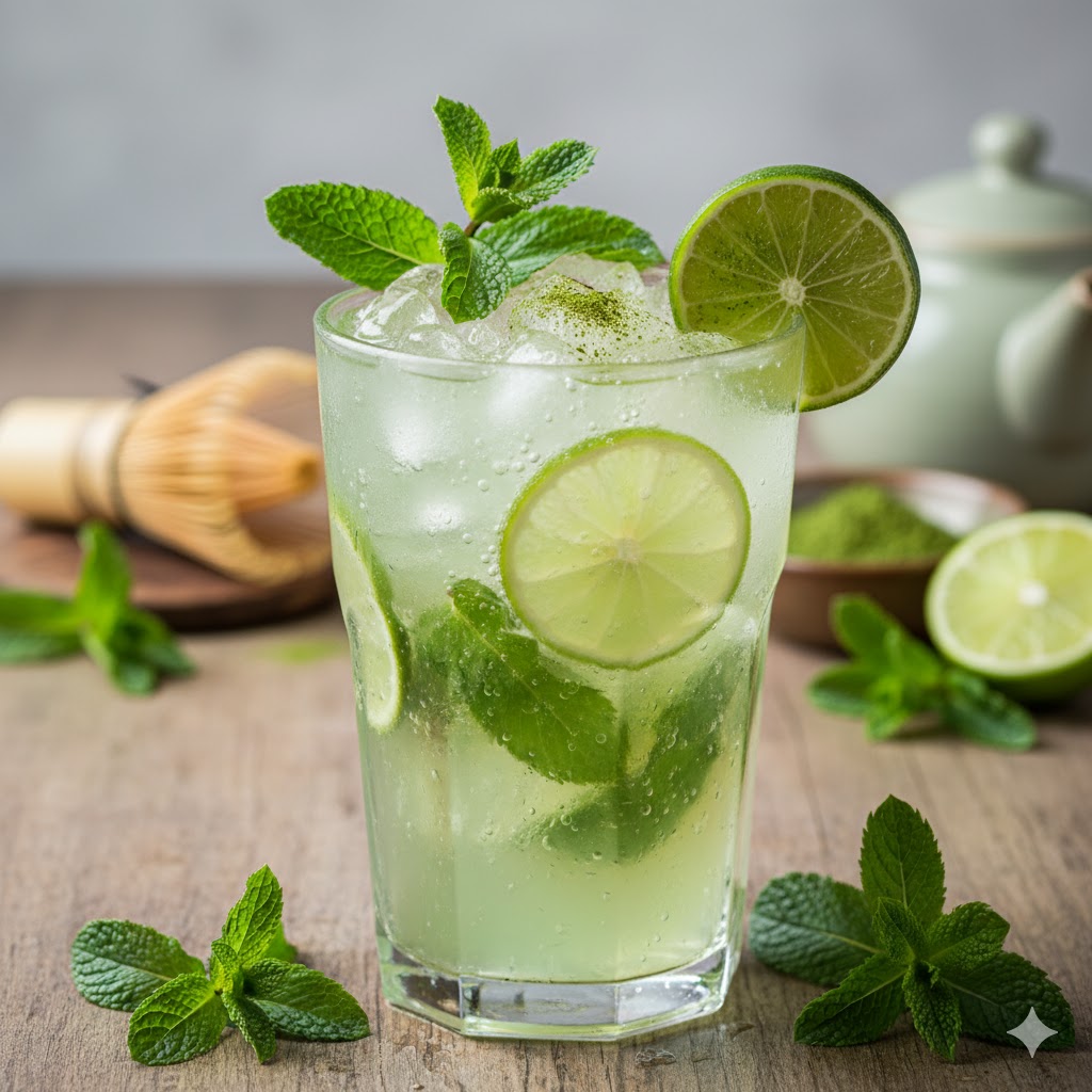 A glass of green tea mojito with lime and mint