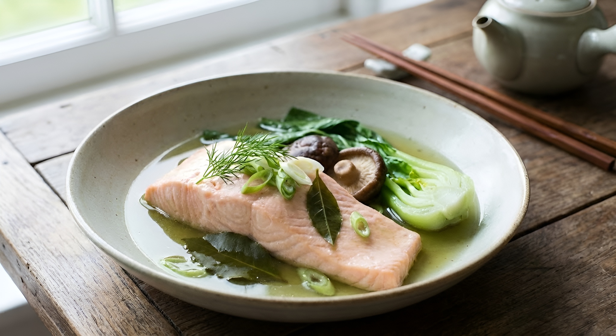 Poached salmon fillet in a shallow green tea broth