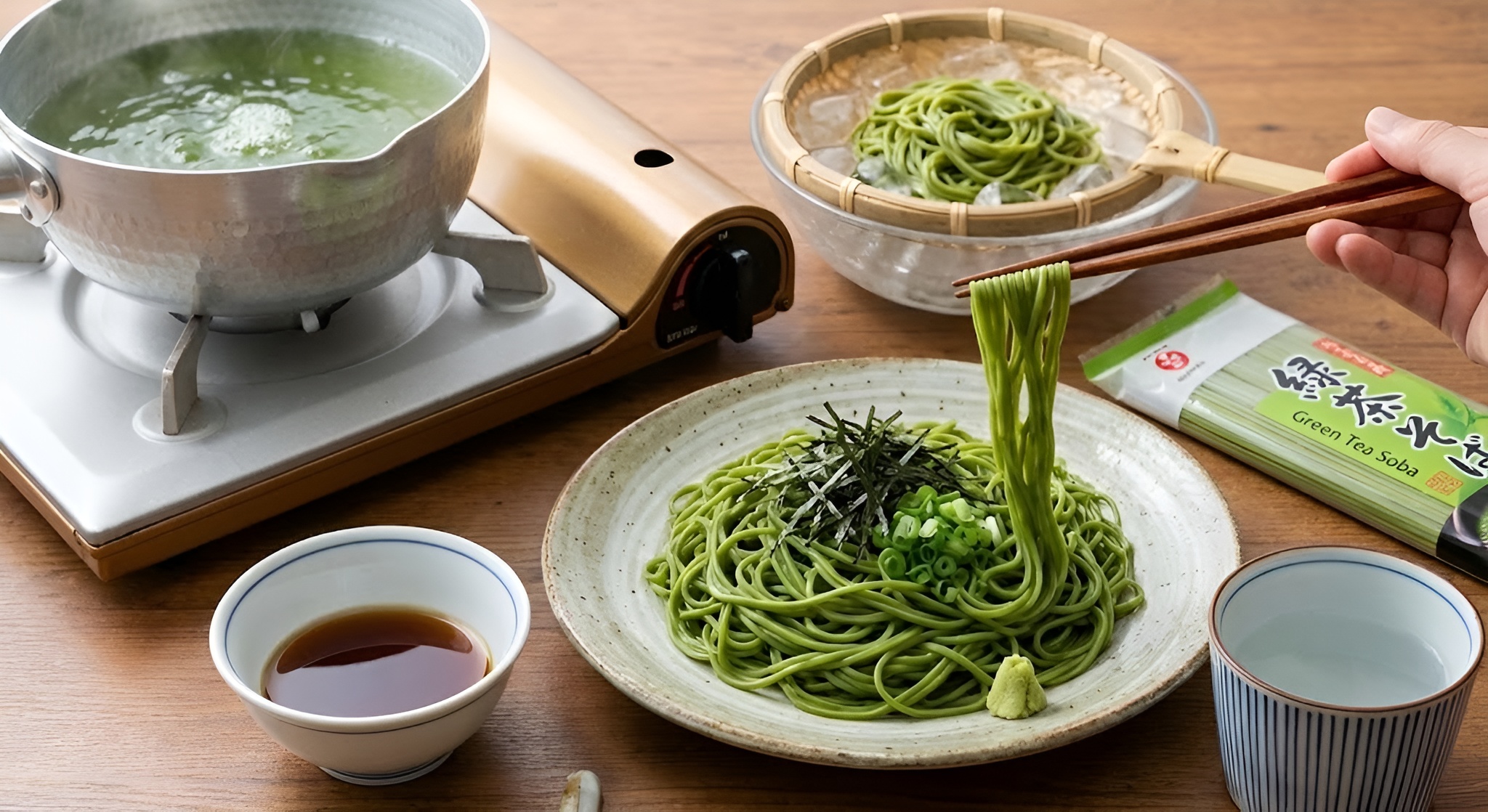 A plate of cold green soba noodles on a bamboo mat with dipping sauce.