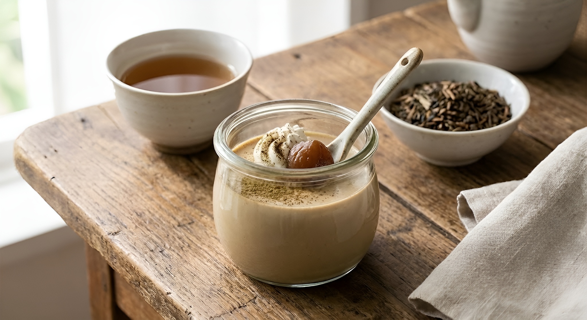 A glass jar of light brown hojicha pudding topped with whipped cream.