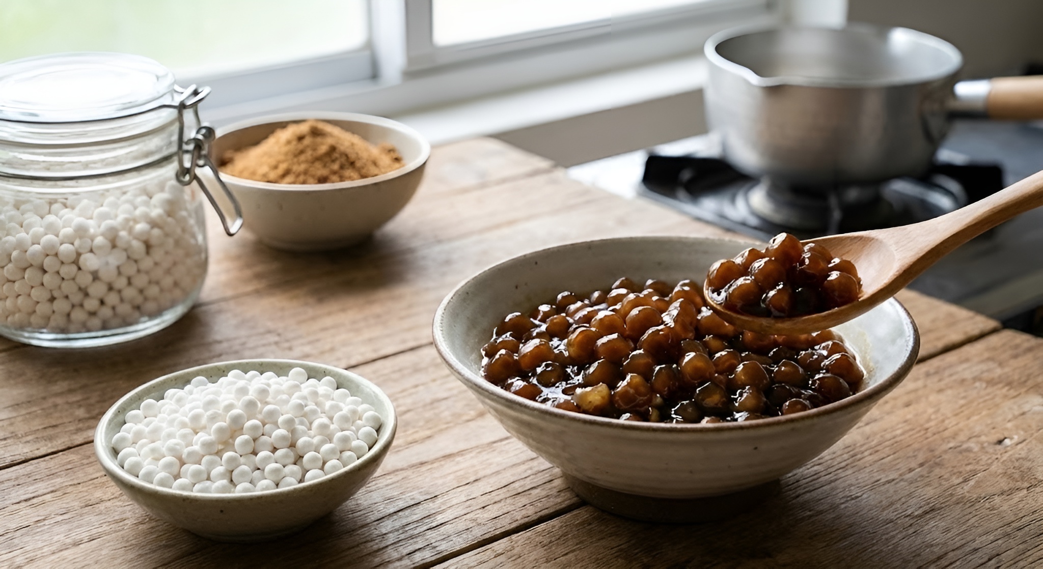 A pile of raw dough balls next to a bowl of cooked, shiny black boba pearls.