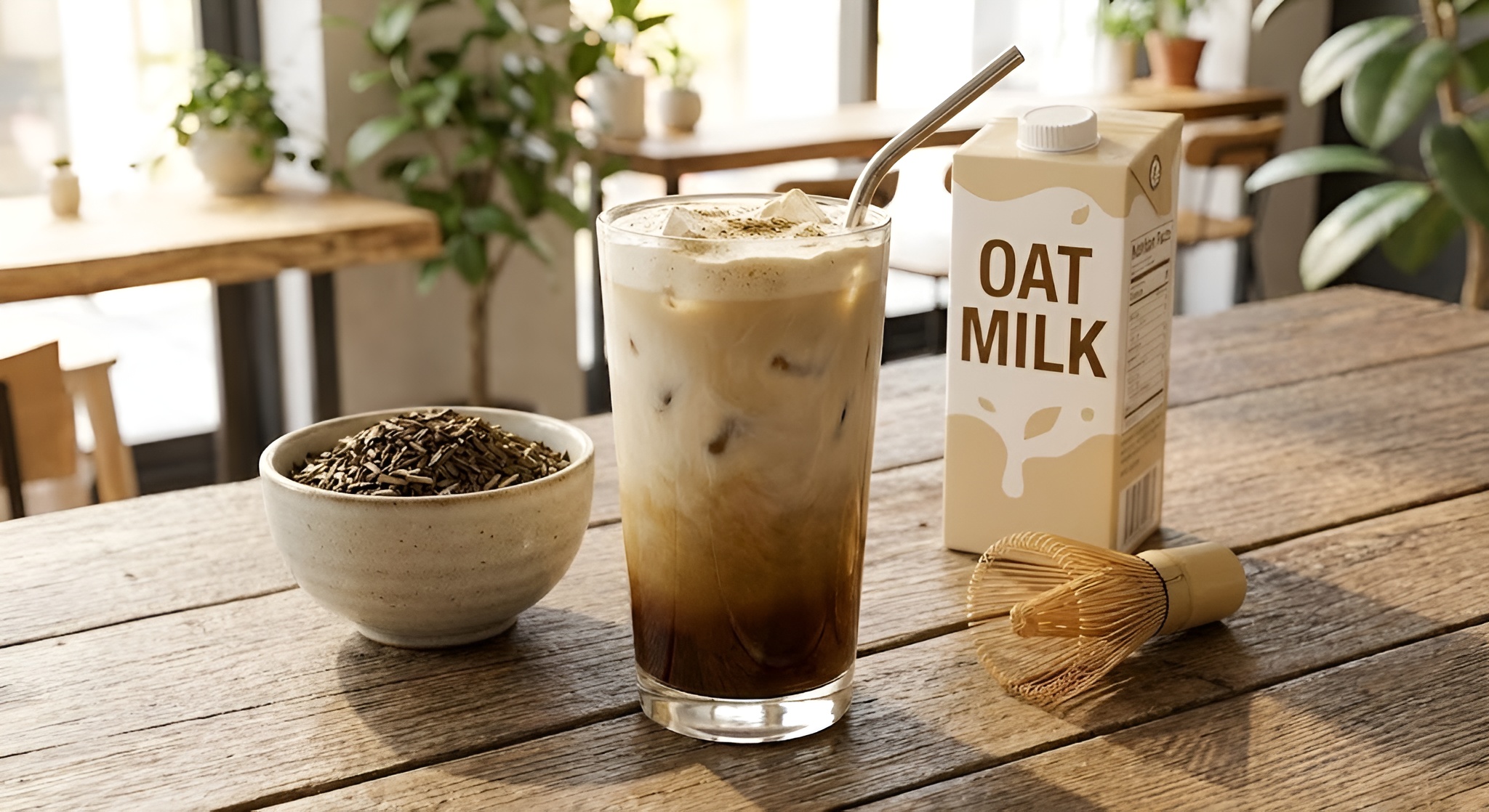 A mug of brown, frothy Hojicha latte with layers of oat milk.