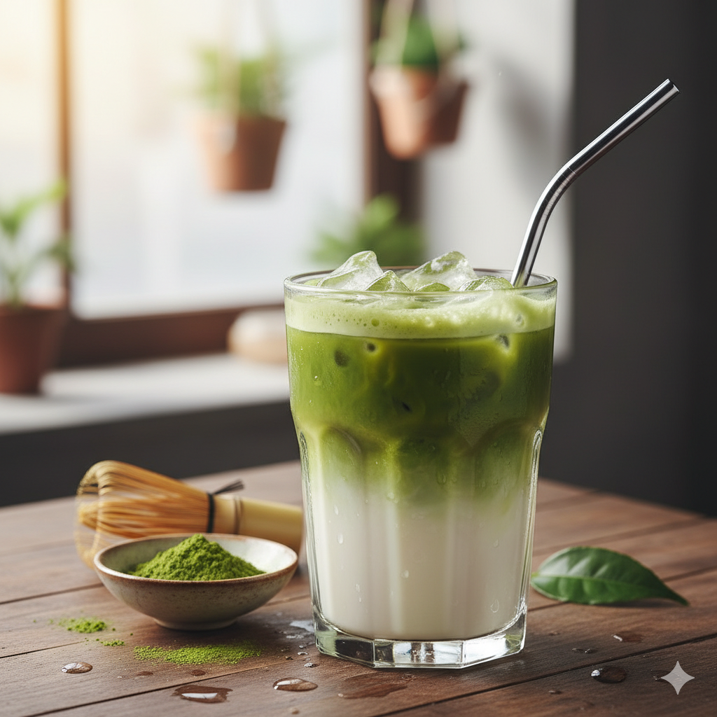 A glass of iced matcha latte