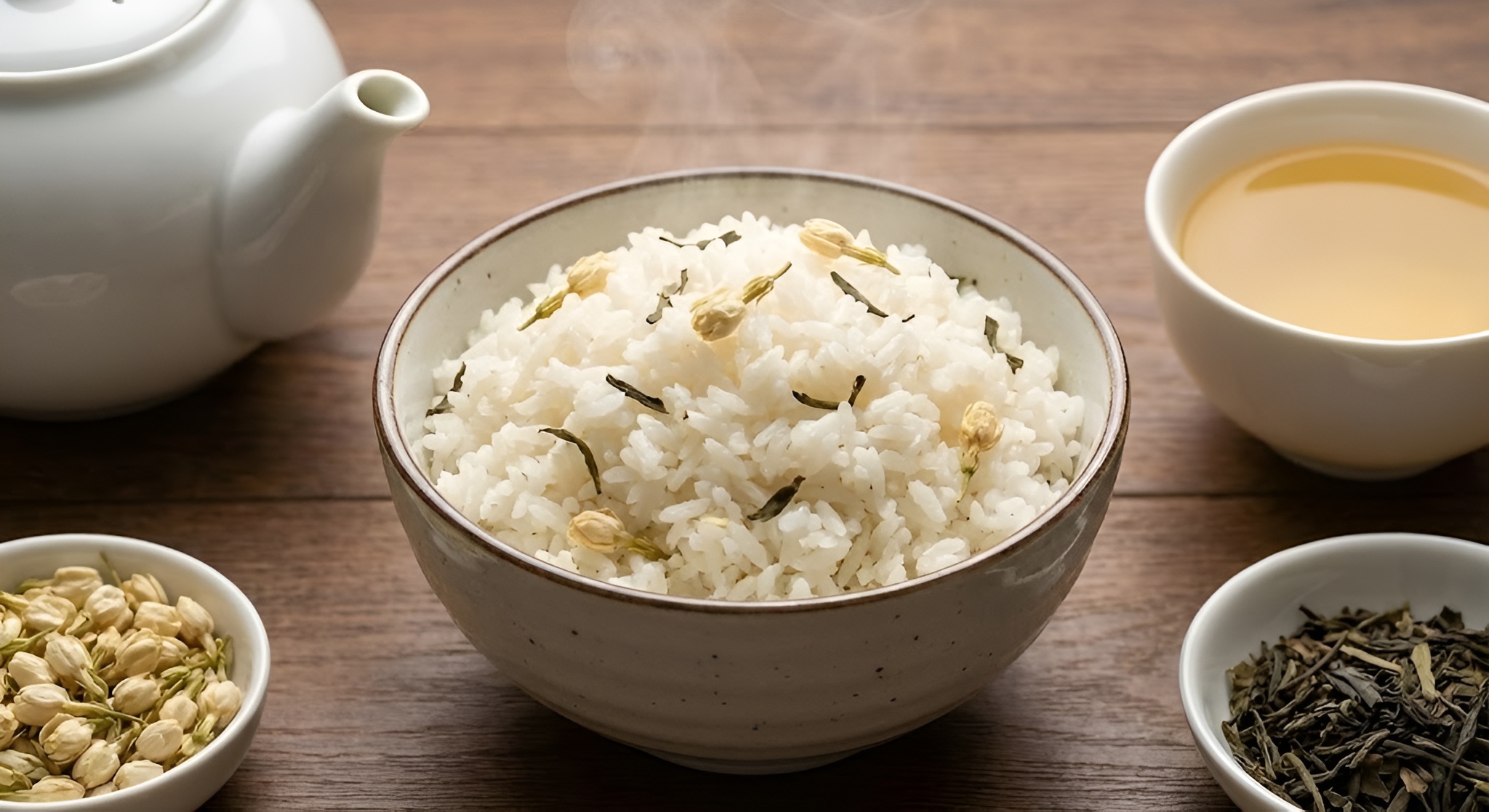 A bowl of fluffy white jasmine rice garnished with a fresh tea leaf.