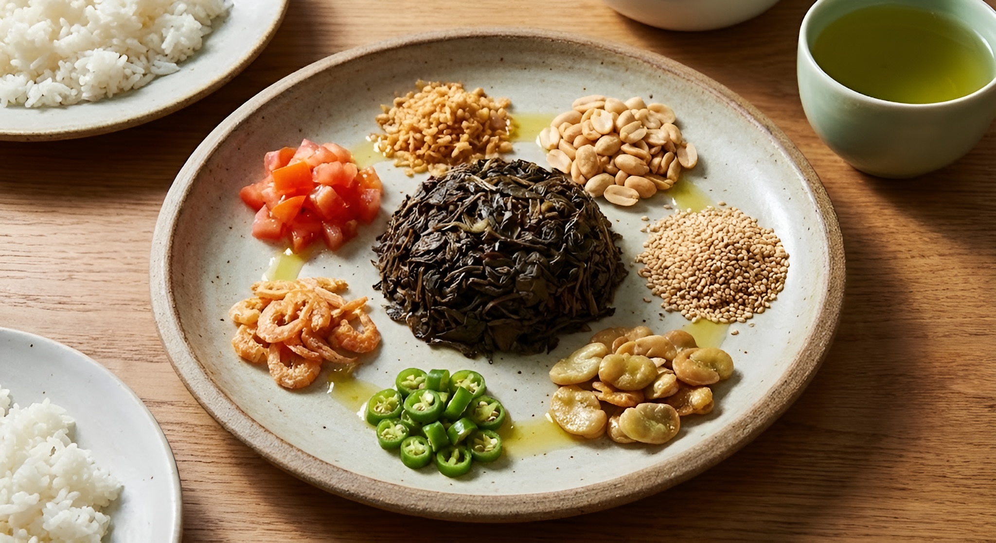 A plate of Burmese Tea Leaf Salad (Laphet Thoke)
