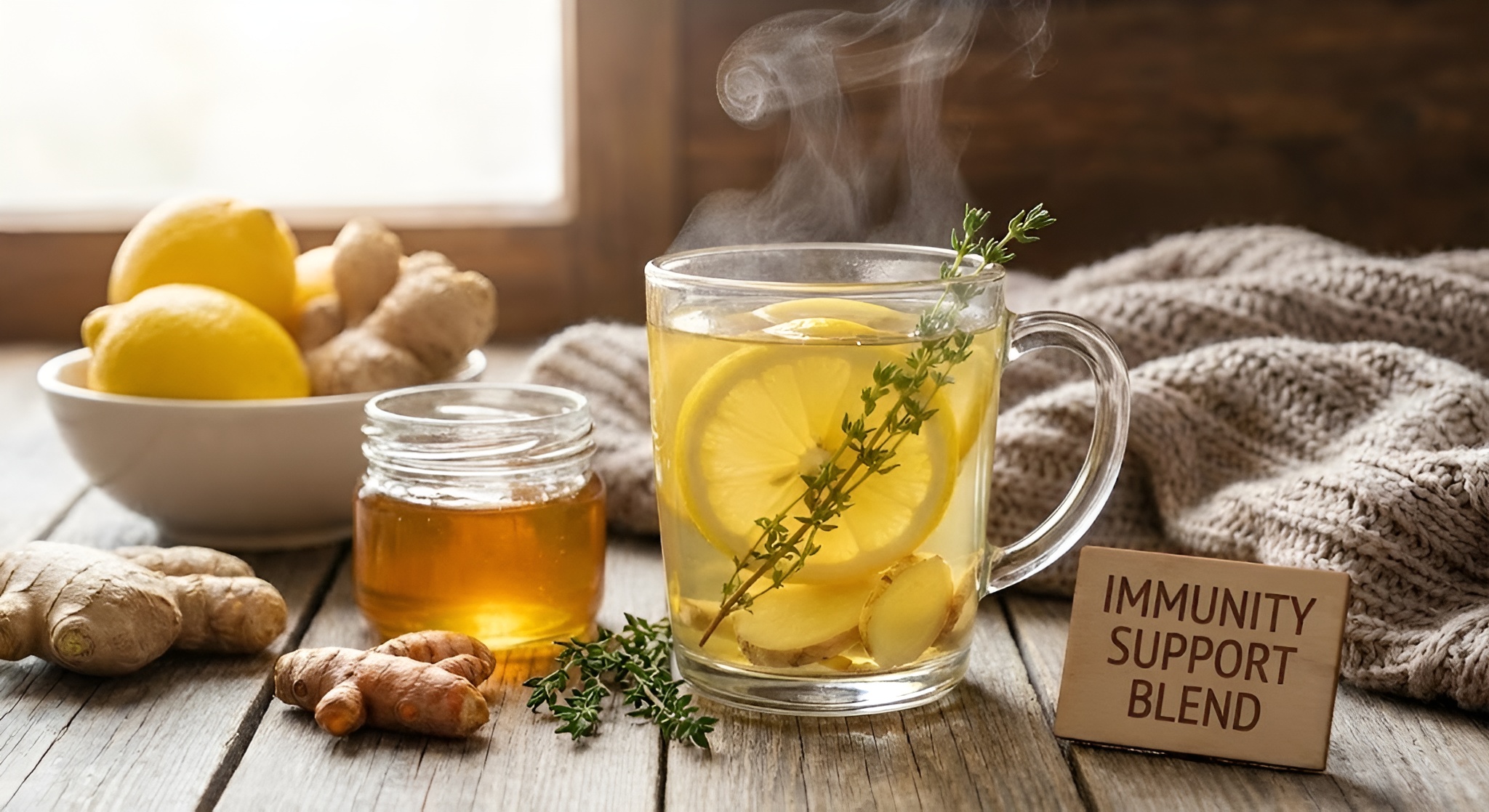 A glass mug of hot lemon ginger tea with fresh slices and a honey dipper.