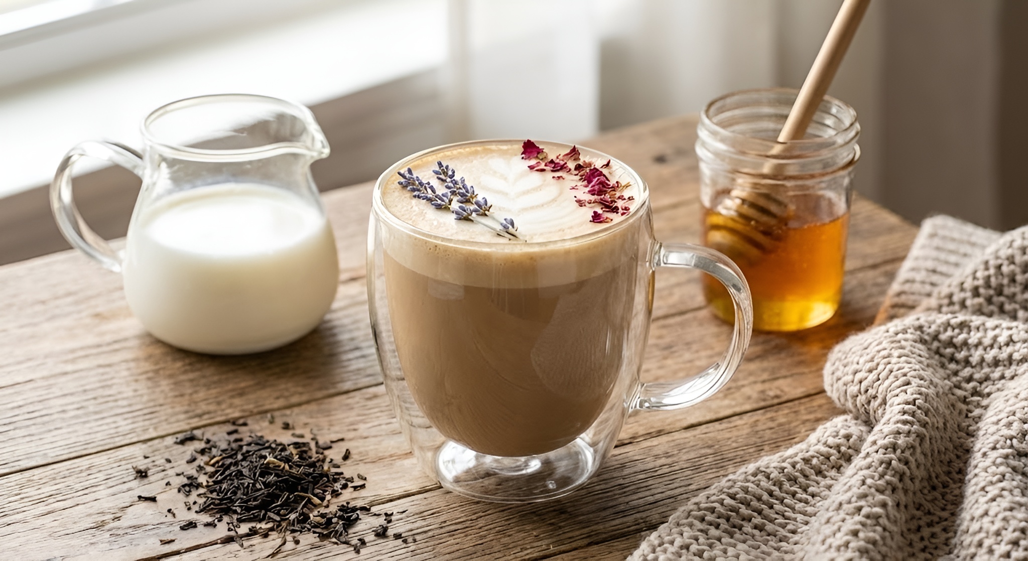 A mug of frothy London Fog latte with lavender