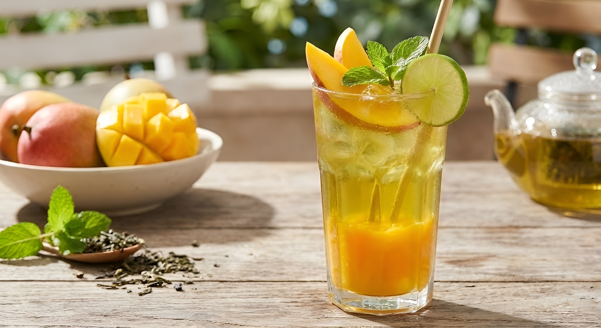 A glass of bright yellow mango green tea