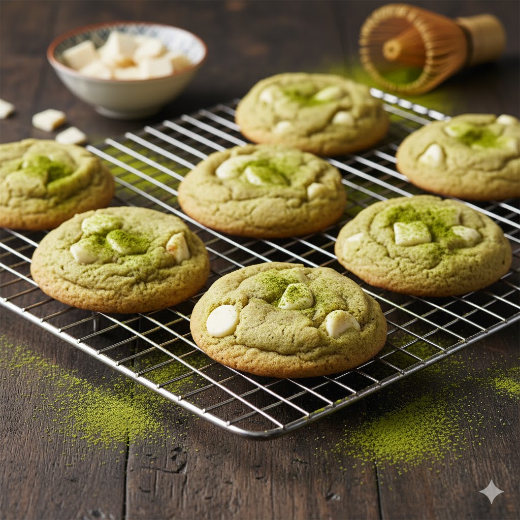 Green matcha cookies with white chocolate chips