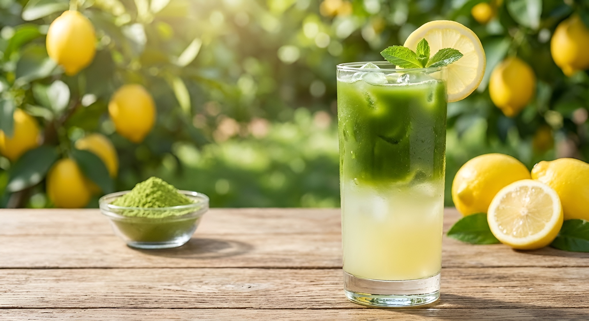 A layered drink with green matcha on top and yellow lemonade on bottom