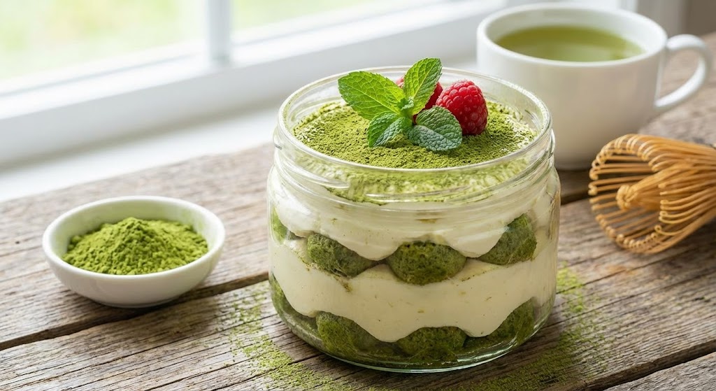 A square slice of layered Matcha Tiramisu dusted with green tea powder.