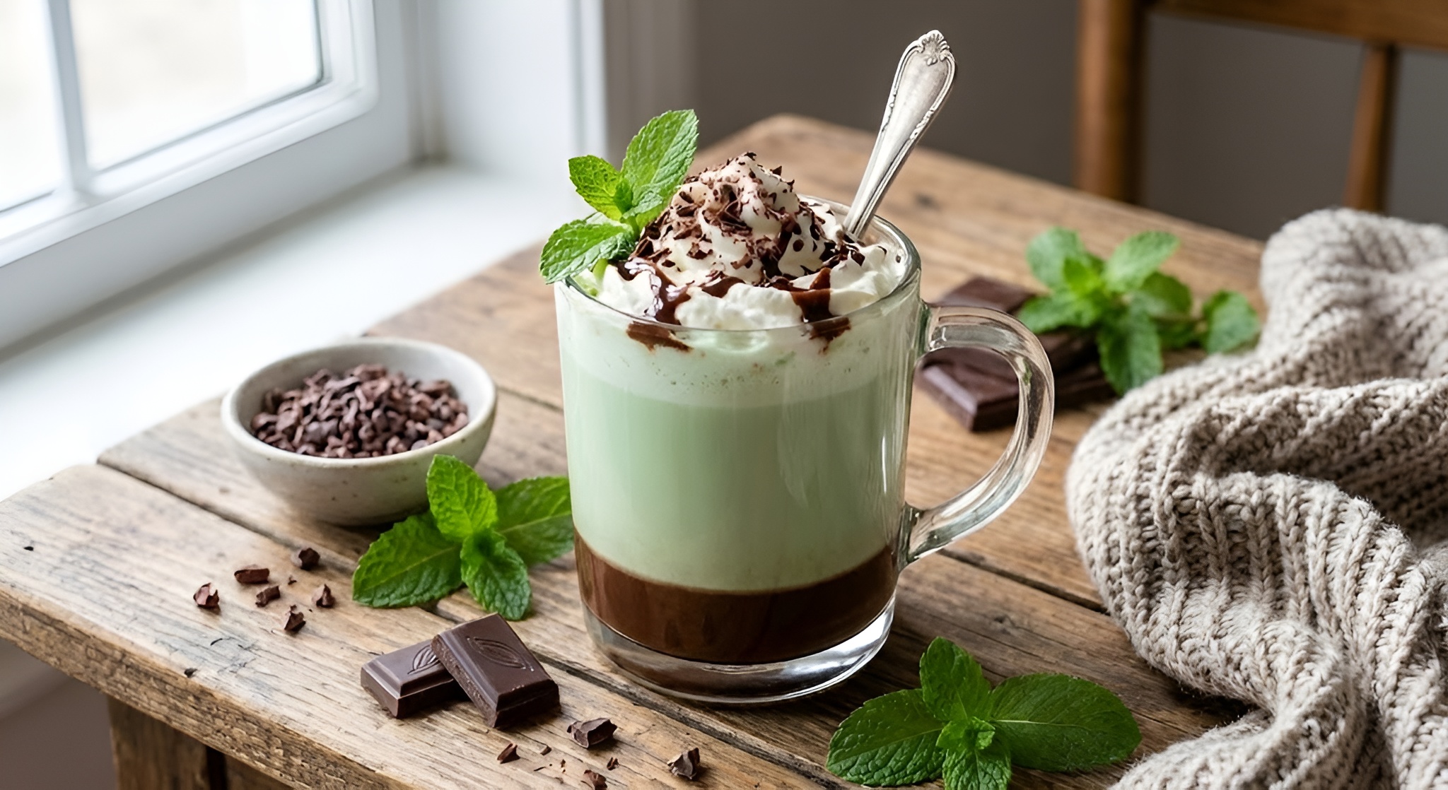 A jar of loose leaf tea blended with dried mint leaves and dark cacao nibs.