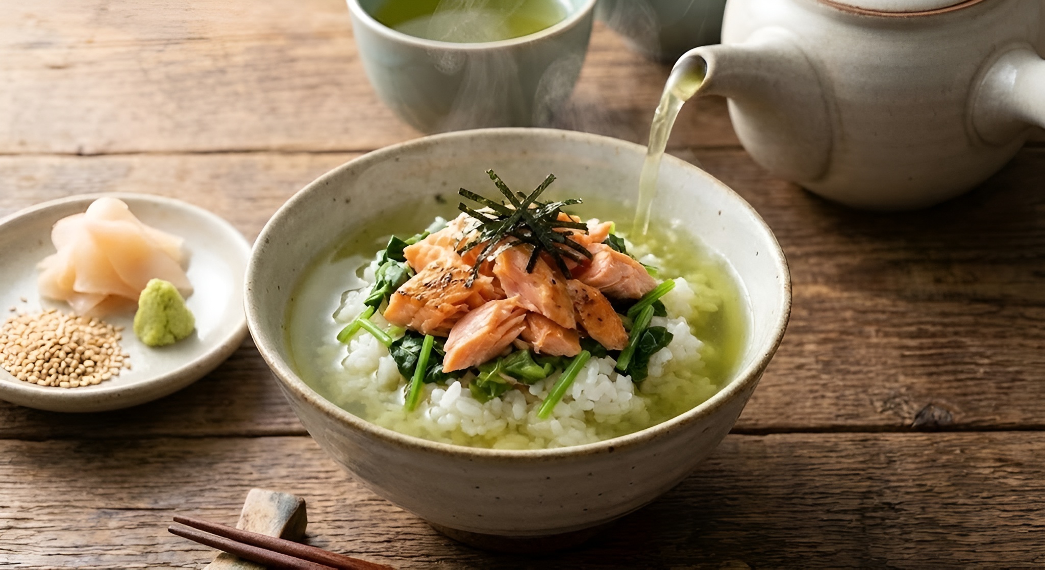 A bowl of rice topped with salmon and green tea