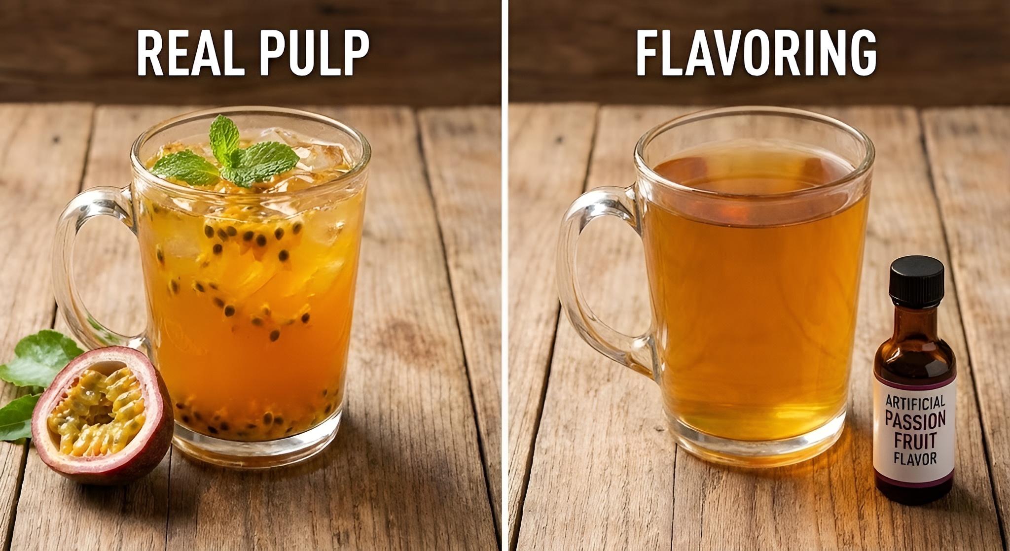 A glass of iced tea filled with black passion fruit seeds and mint.