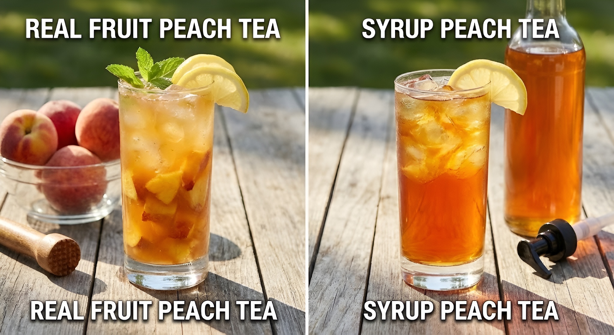 A pitcher of iced tea with fresh peach slices