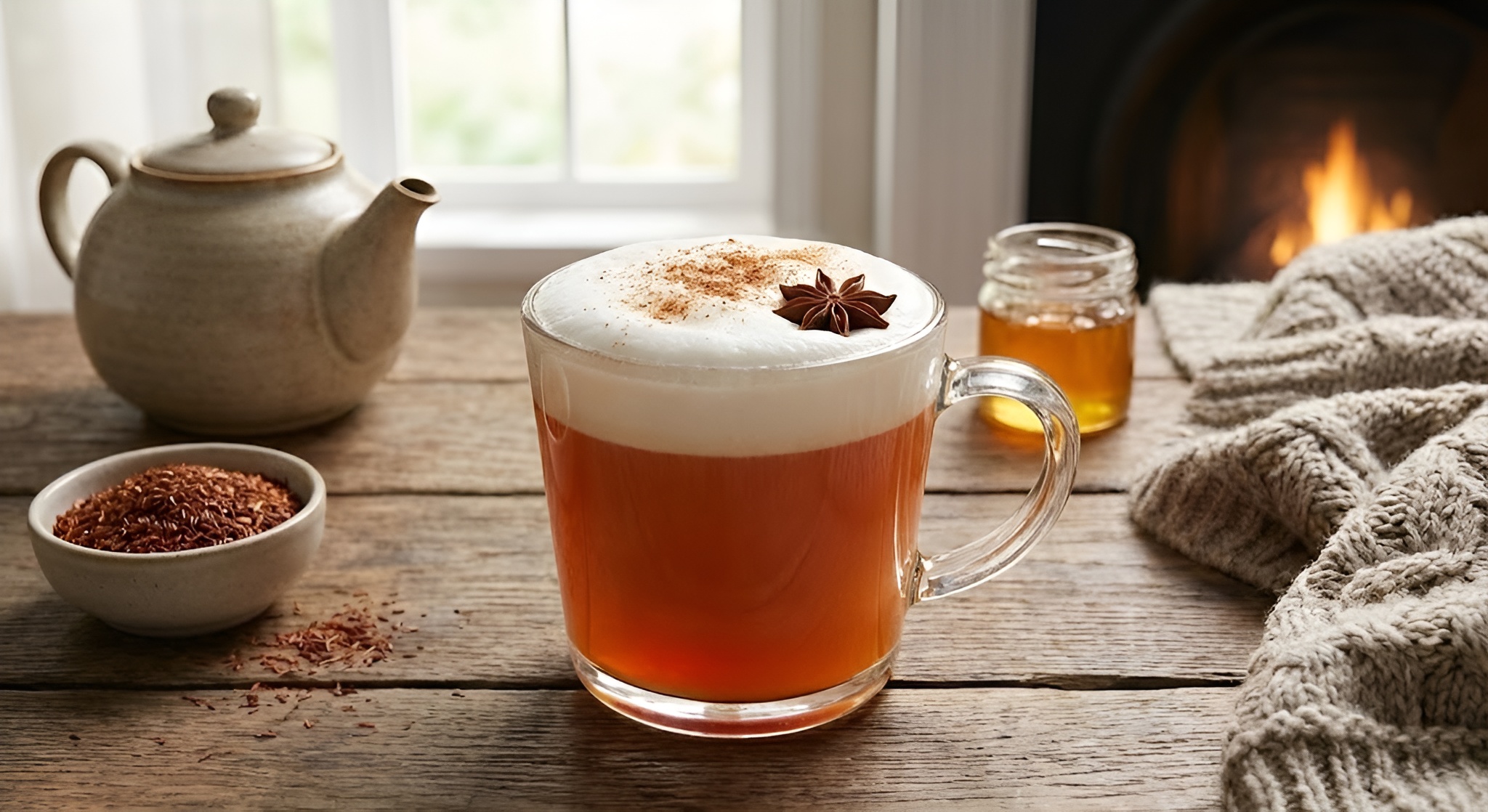 A glass mug showing the layers of deep red rooibos tea and white milk foam, dusted with cinnamon.