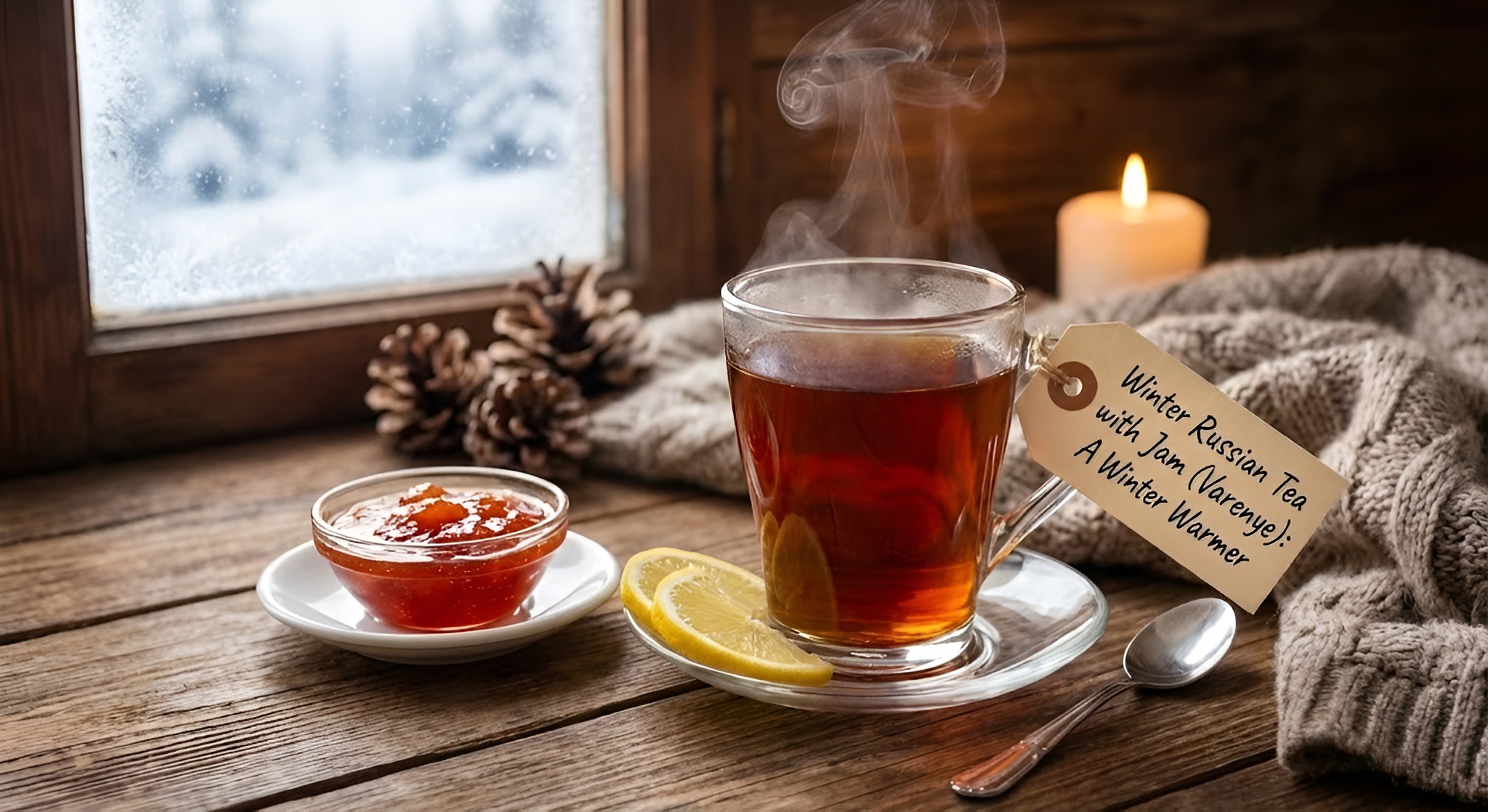 A glass of tea in a metal holder with a spoon of jam