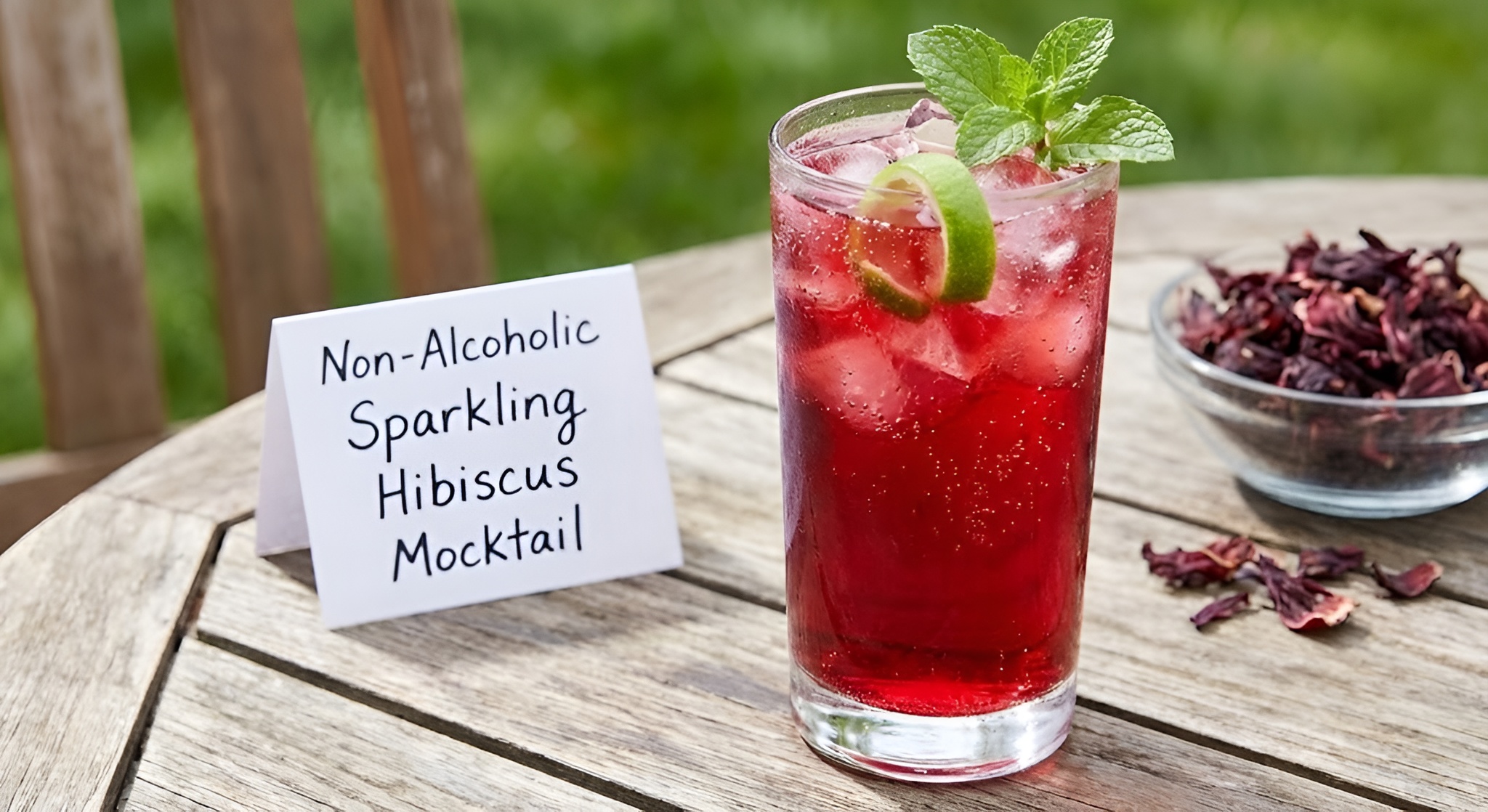 A tall glass of fizzy red hibiscus tea with lime slices