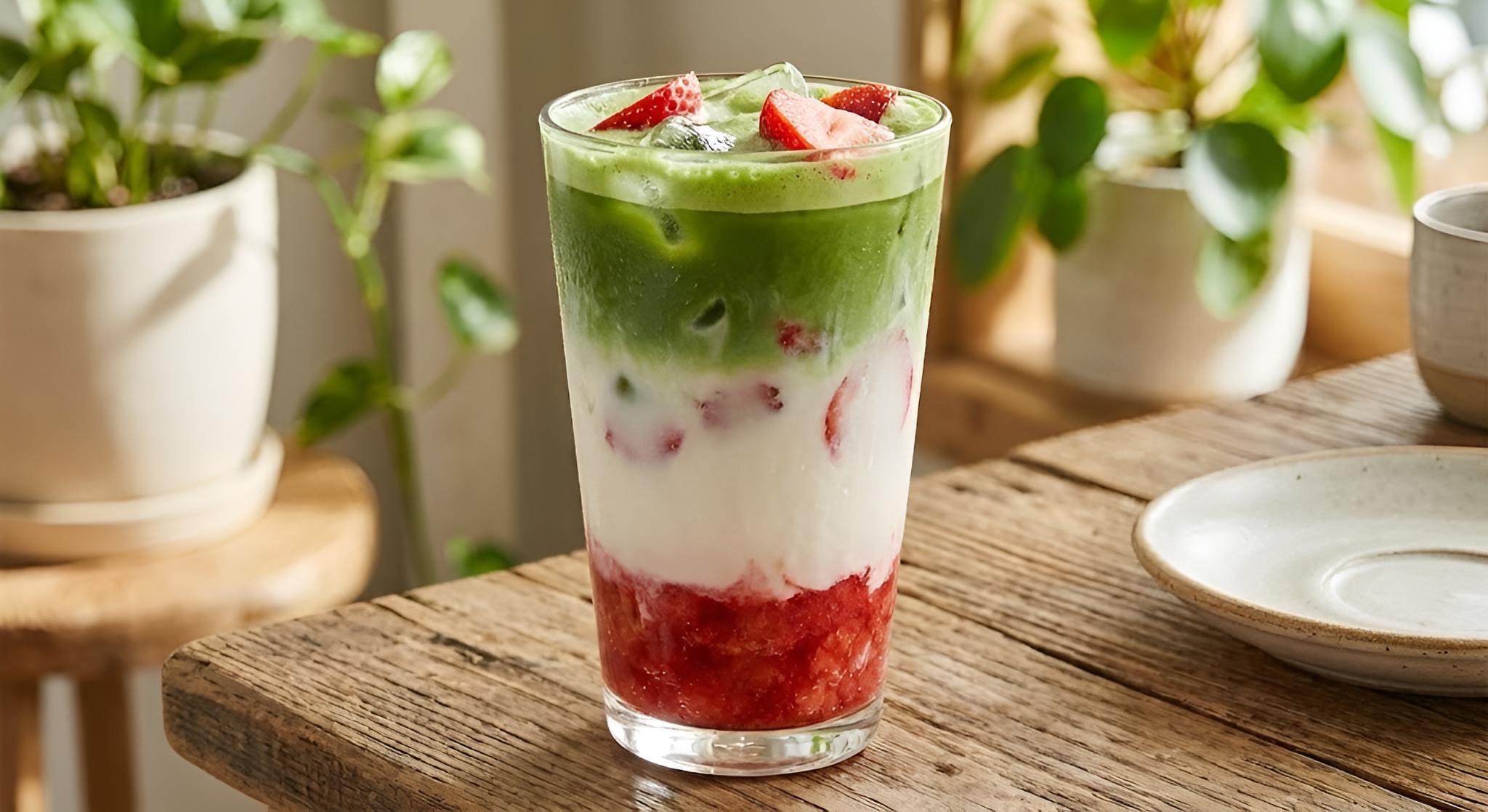 A layered iced latte with red strawberry bottom and green matcha top