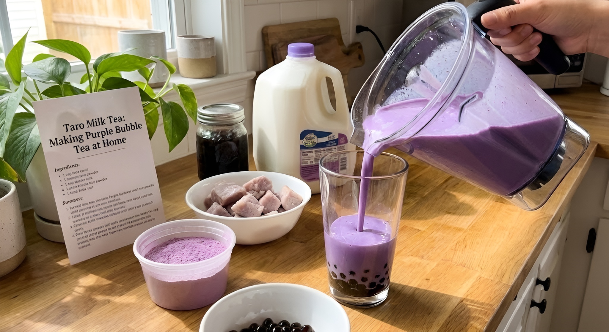 A glass of purple taro milk tea with boba pearls